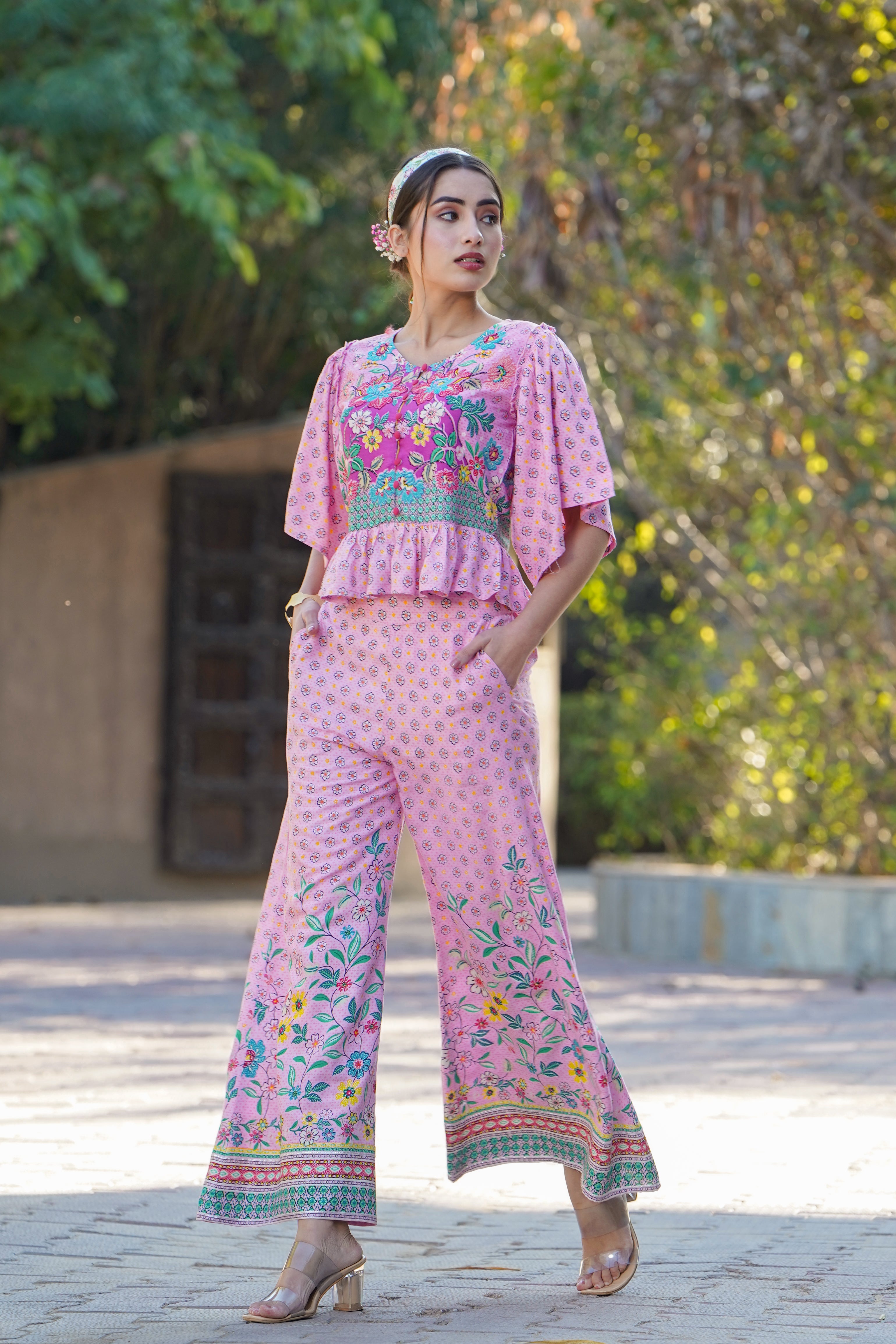 Juniper Pink LIVA Rayon Floral Print Peplum Top Palazzo Set