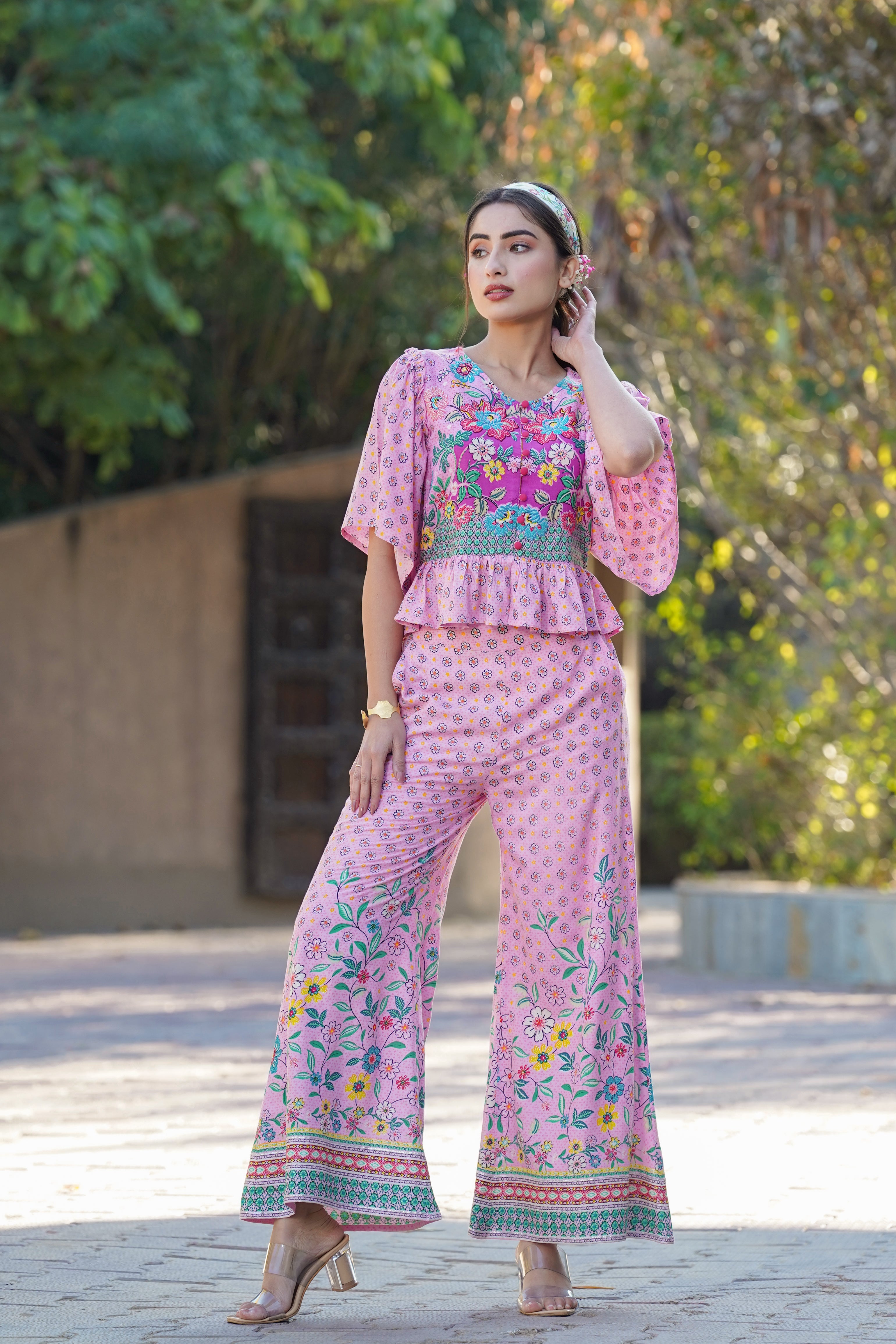 Juniper Pink LIVA Rayon Floral Print Peplum Top Palazzo Set