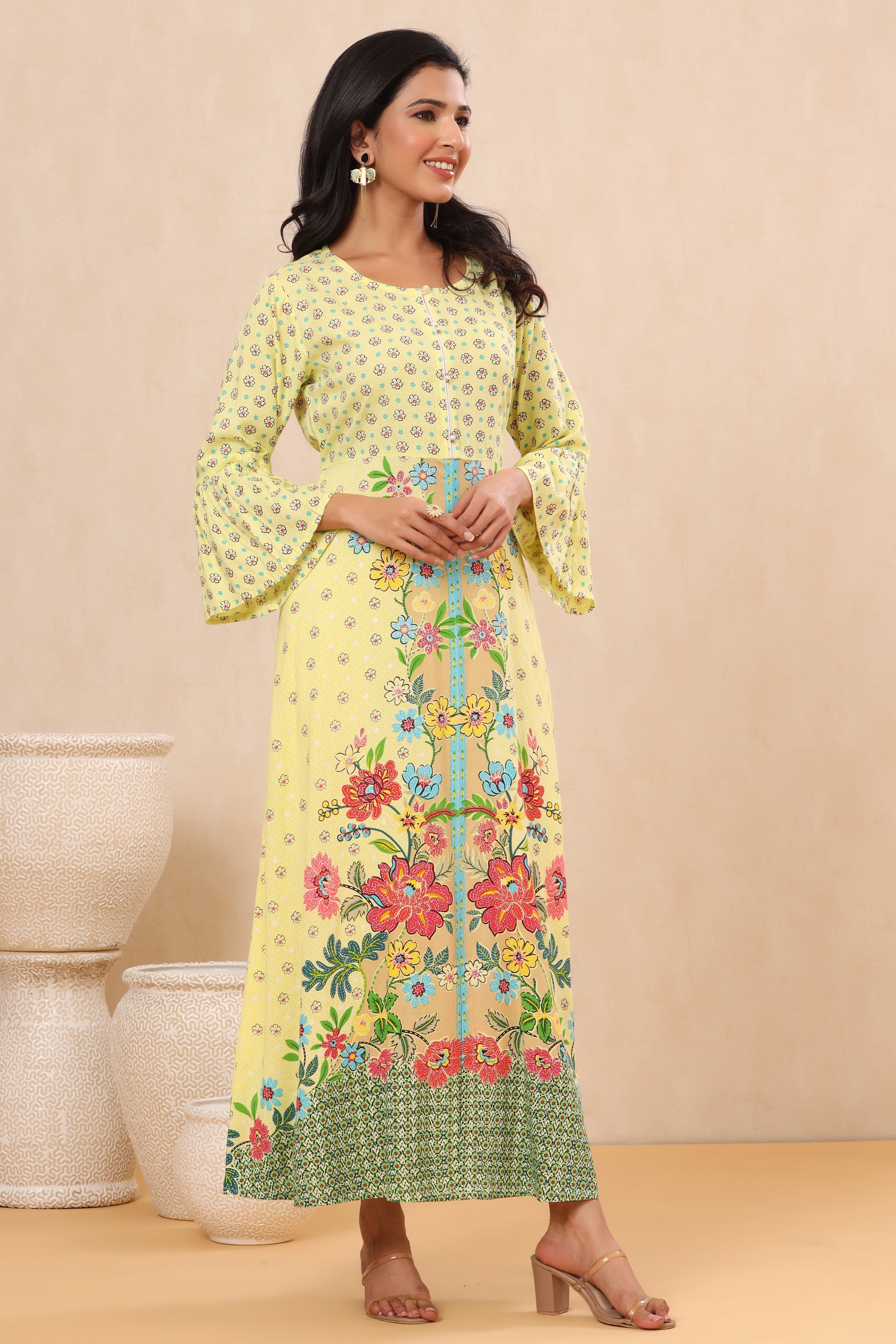 Juniper Lime LIVA Rayon Printed A-Line Kurta - Juniper Fashion