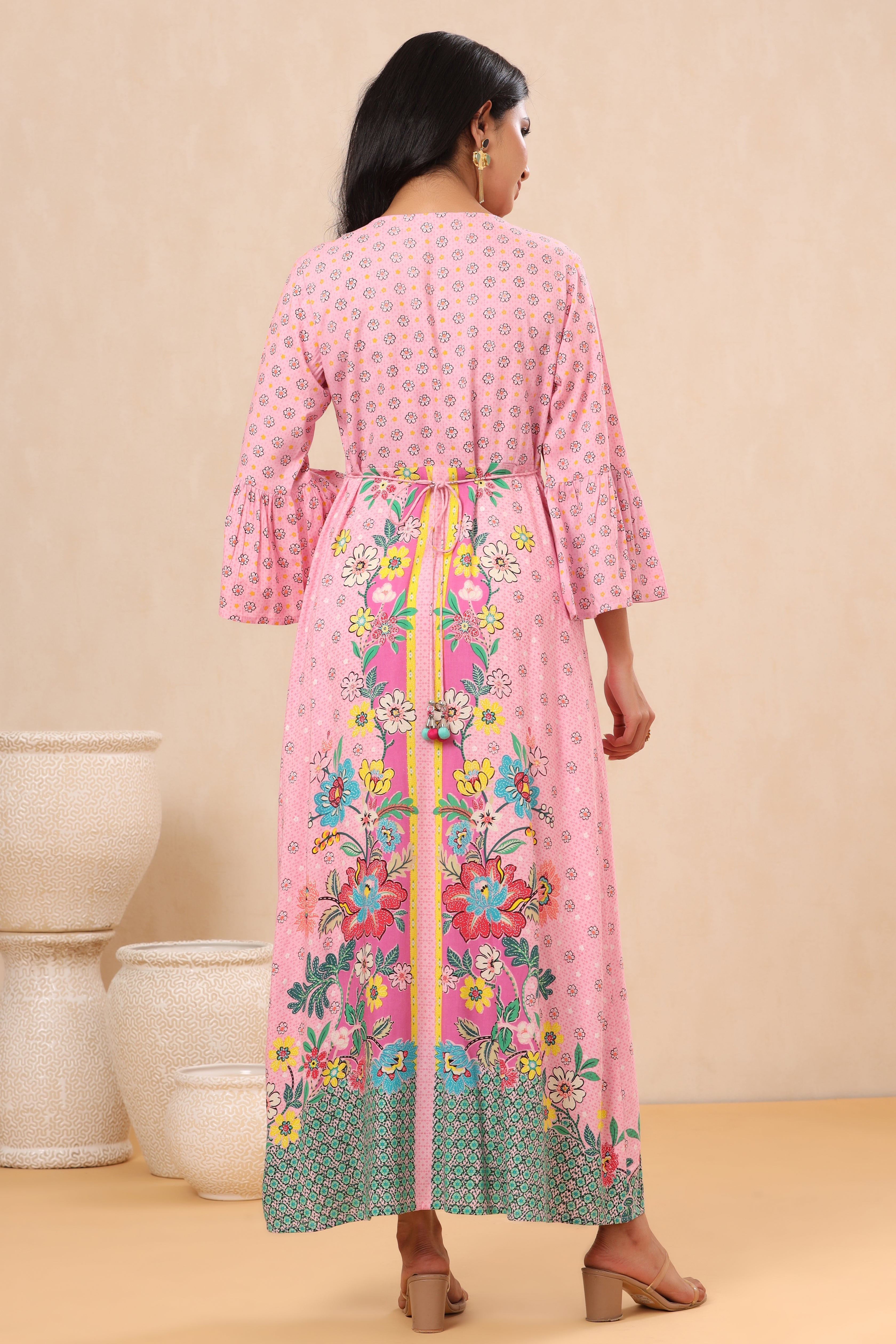 Juniper Pink Floral Printed Rayon Kurta With Buttons Closure At Back - Juniper Fashion