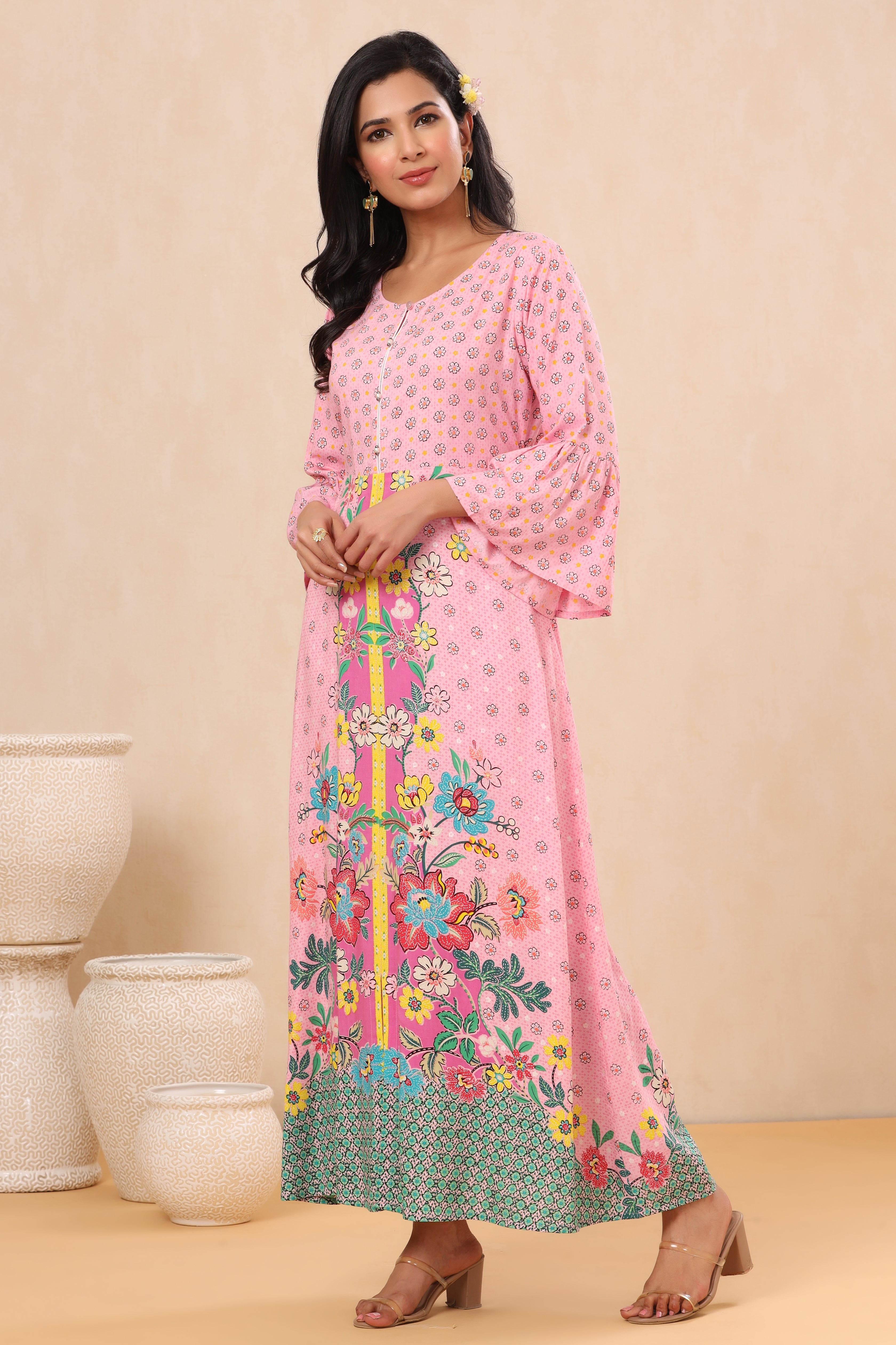 Juniper Pink Floral Printed Rayon Kurta With Buttons Closure At Back - Juniper Fashion