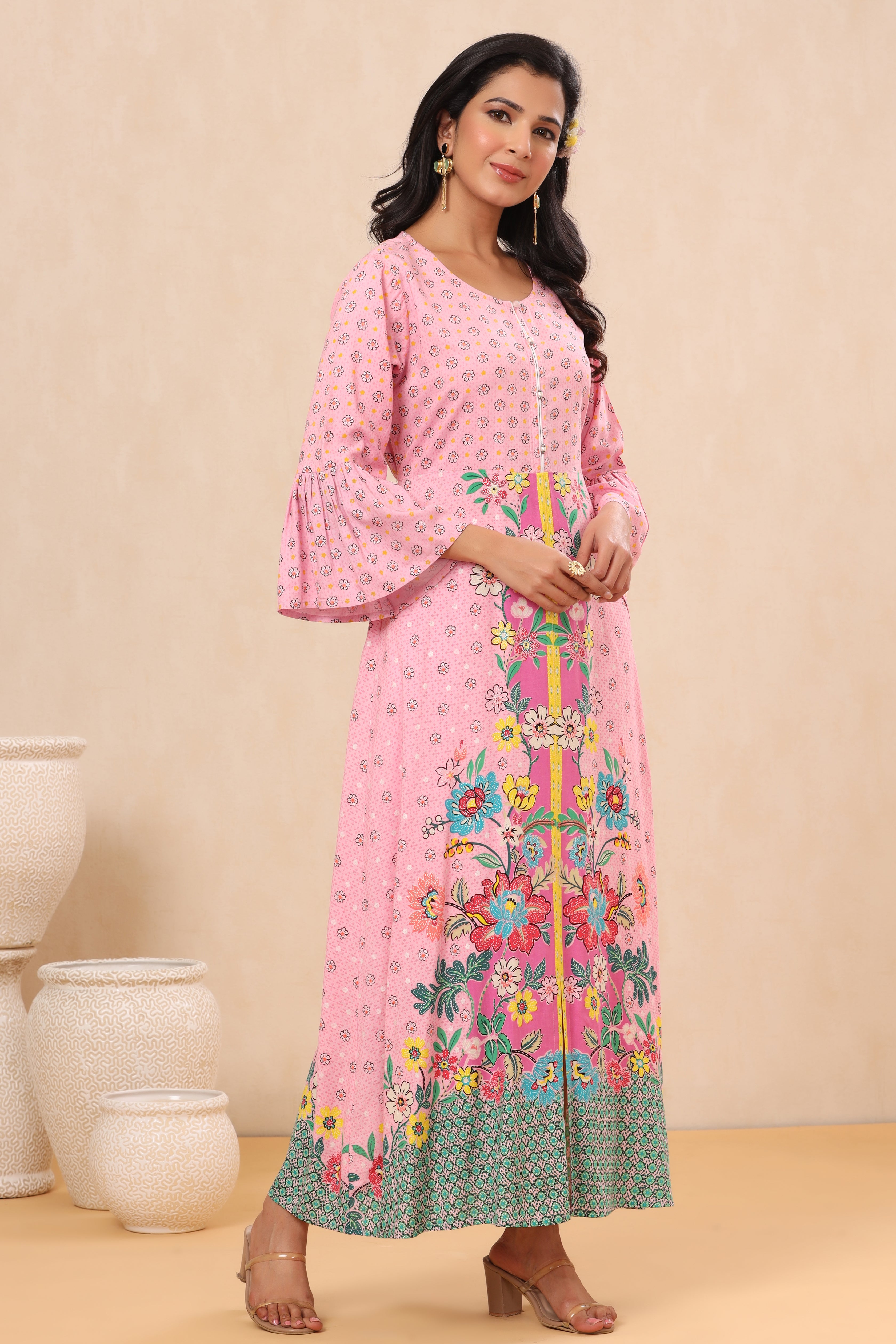 Juniper Pink Floral Printed Rayon Kurta With Buttons Closure At Back - Juniper Fashion