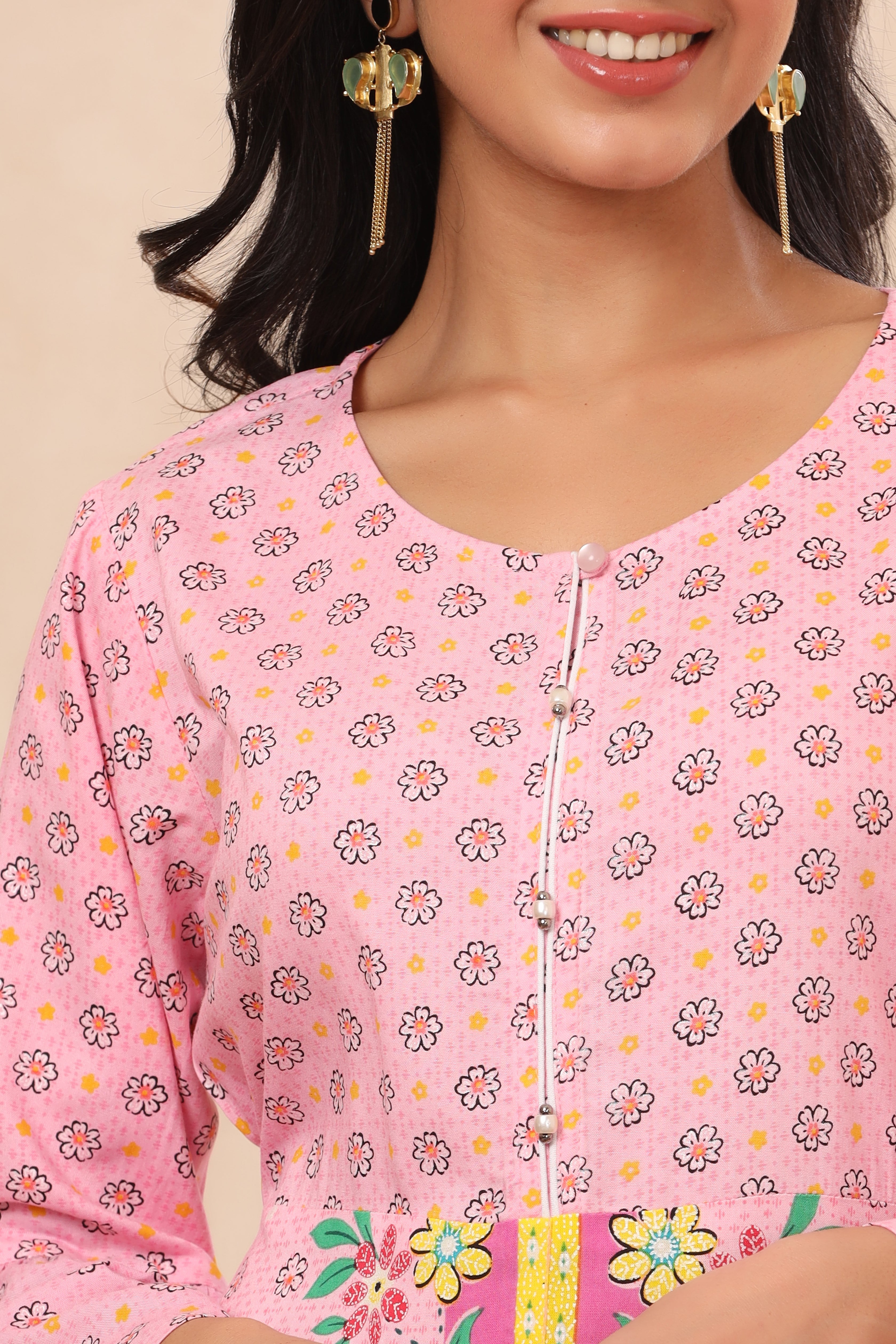 Juniper Pink Floral Printed Rayon Kurta With Buttons Closure At Back - Juniper Fashion