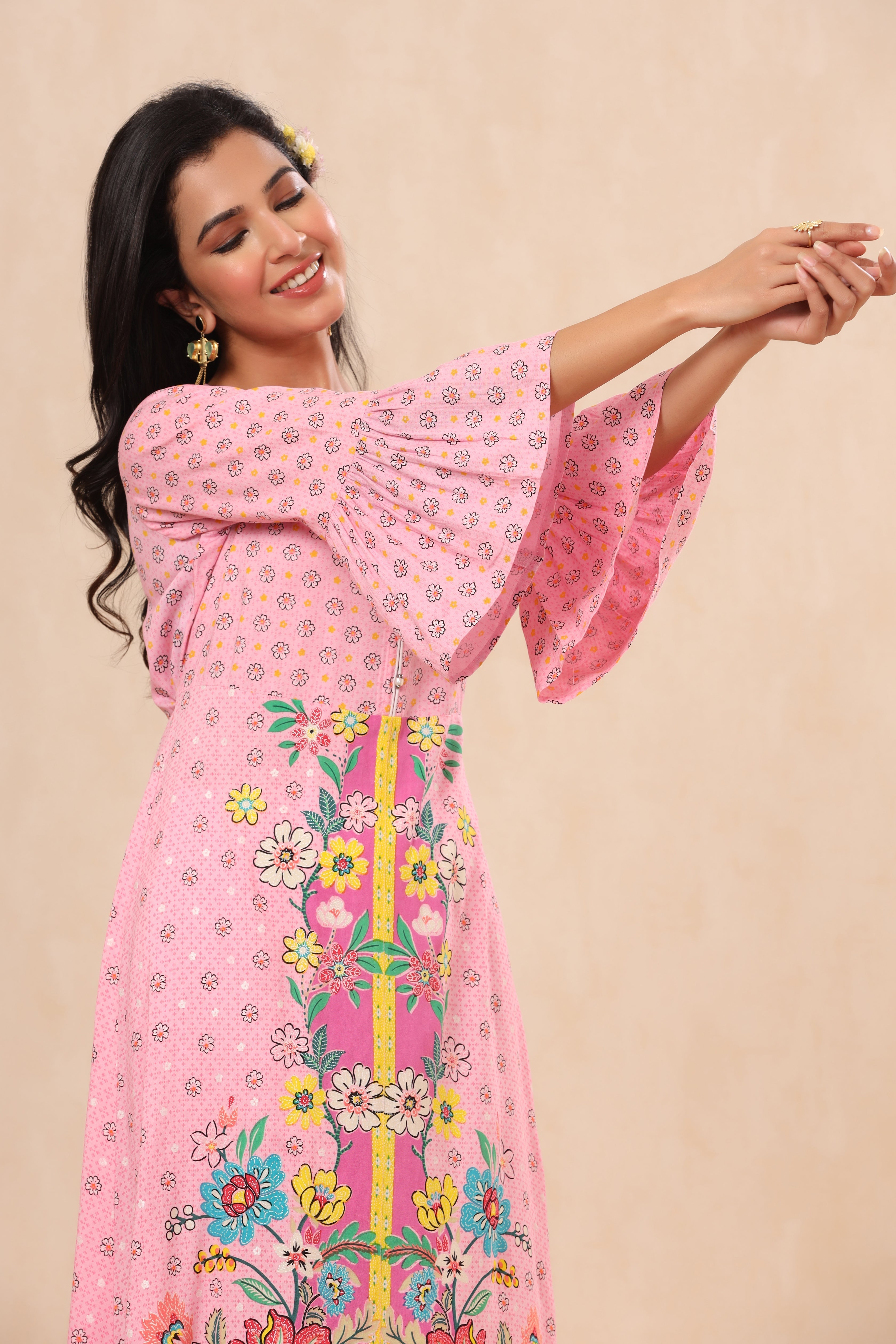 Juniper Pink Floral Printed Rayon Kurta With Buttons Closure At Back - Juniper Fashion