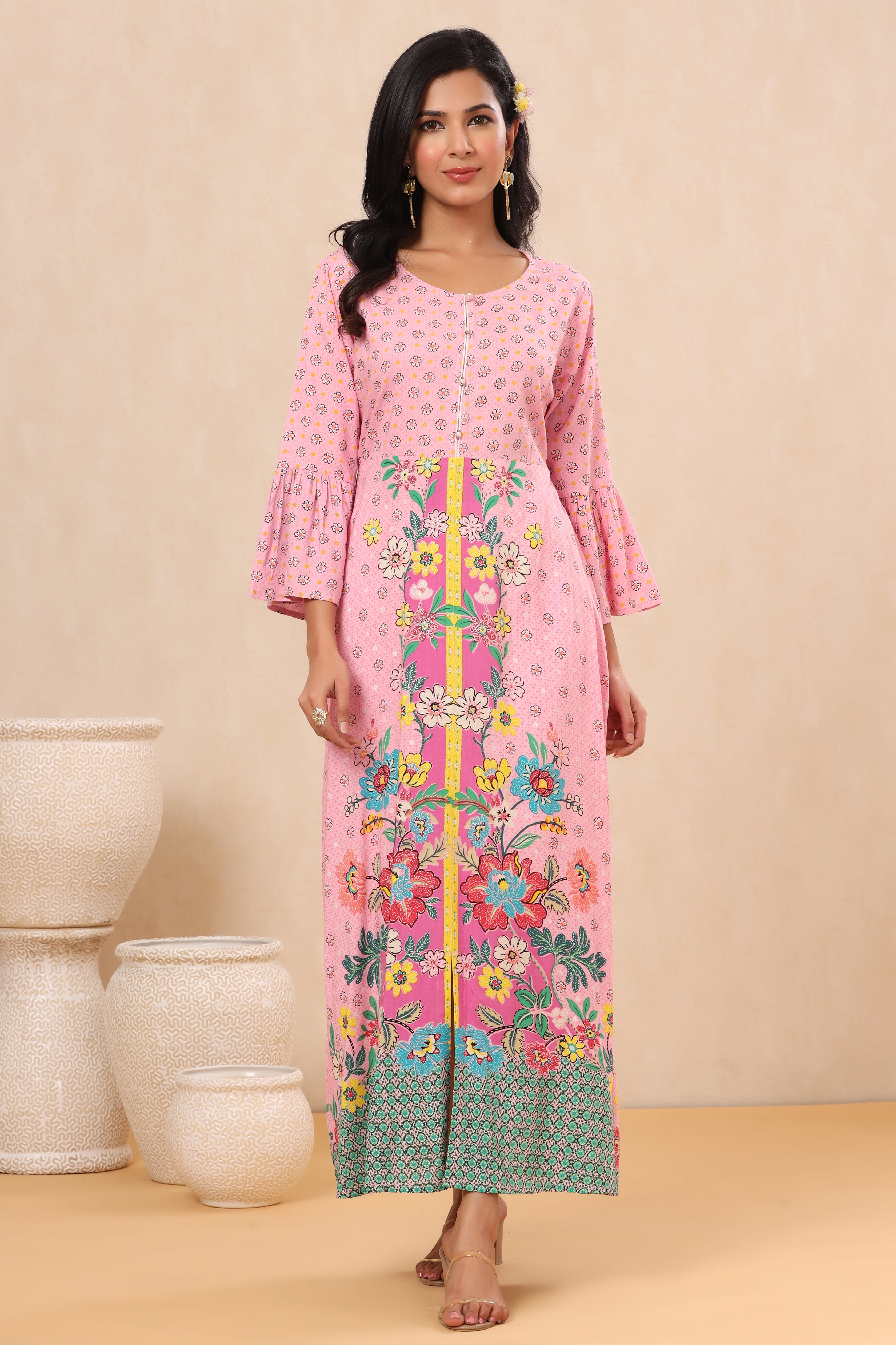 Juniper Pink Floral Printed Rayon Kurta With Buttons Closure At Back - Juniper Fashion