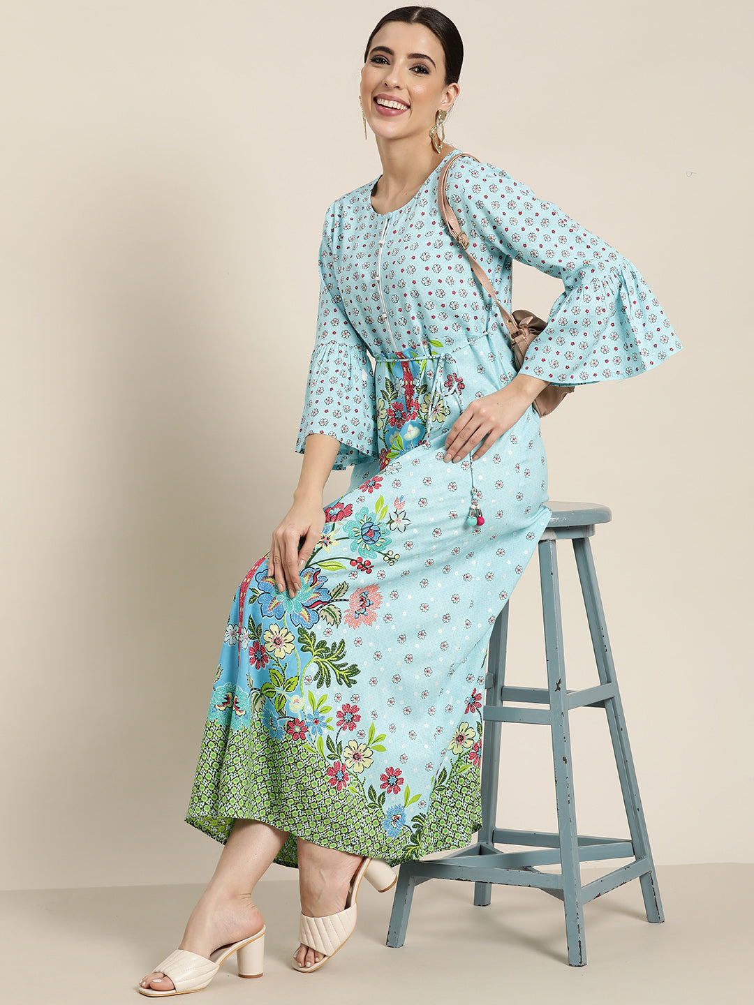 Juniper Skyblue LIVA Rayon Printed A-Line Kurta - Juniper Fashion
