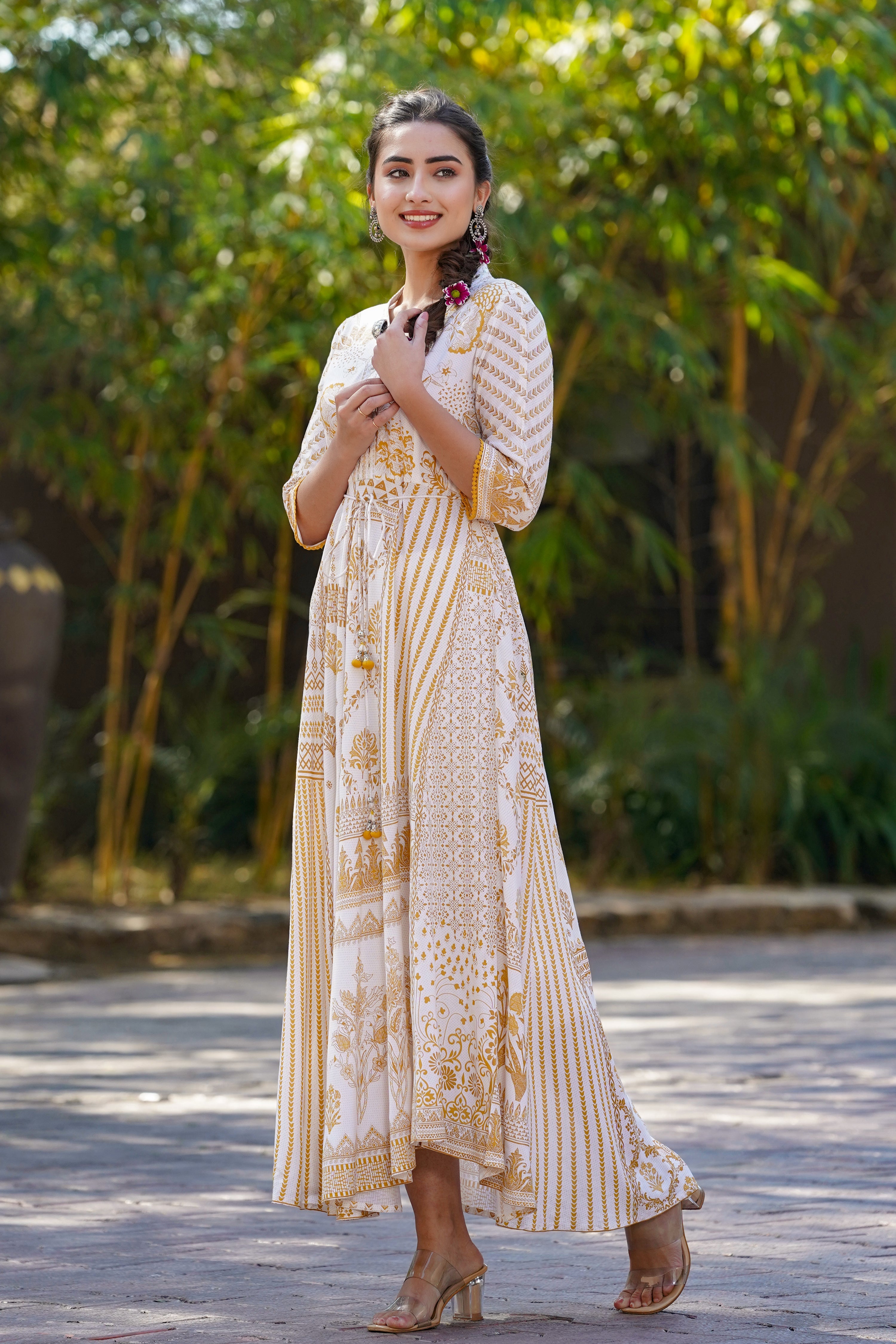 Juniper Mustard Printed Rayon Lacy Maxi Dress With Mirror Embroidered Neckline & Tassels At Waist