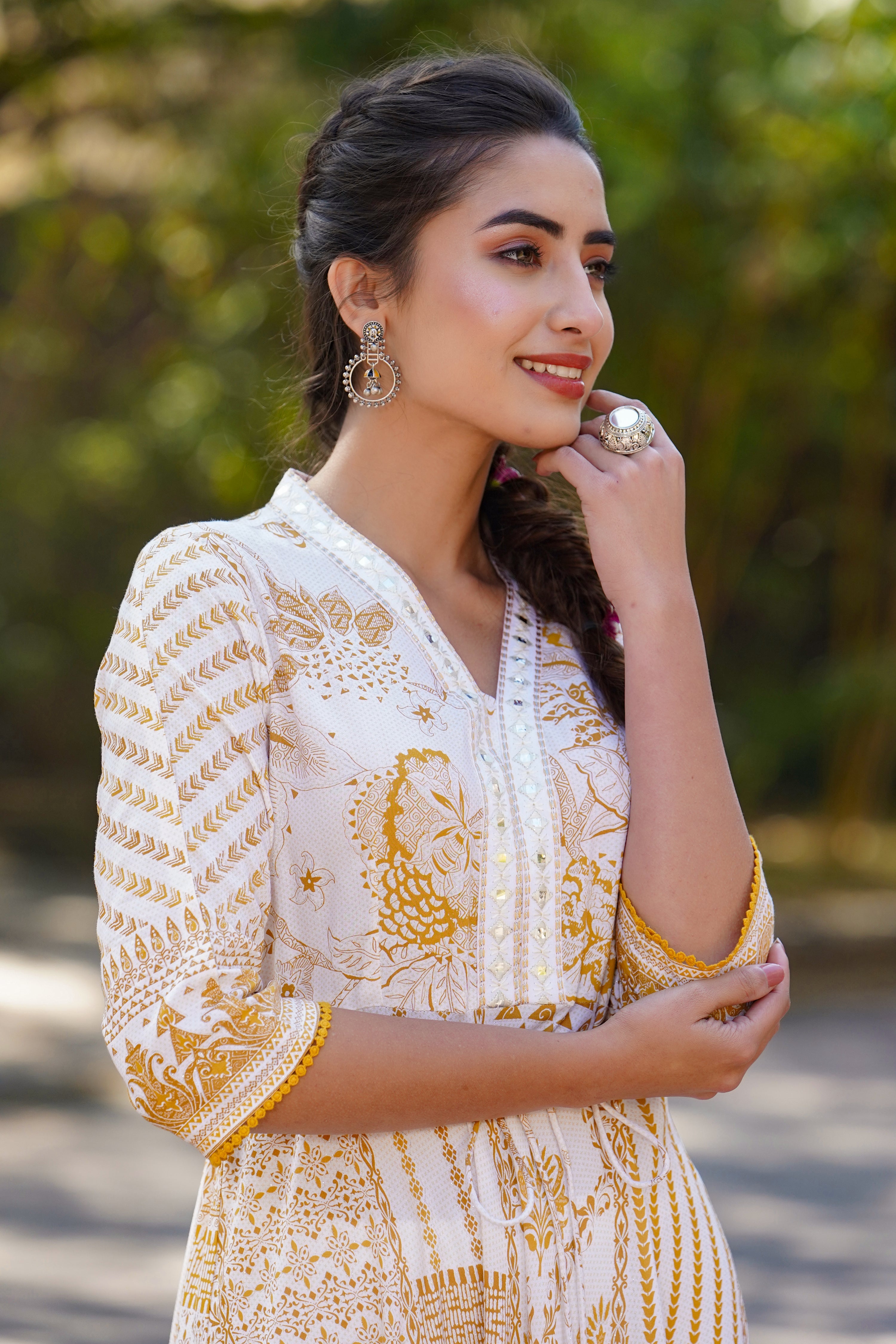 Juniper Mustard Printed Rayon Lacy Maxi Dress With Mirror Embroidered Neckline & Tassels At Waist