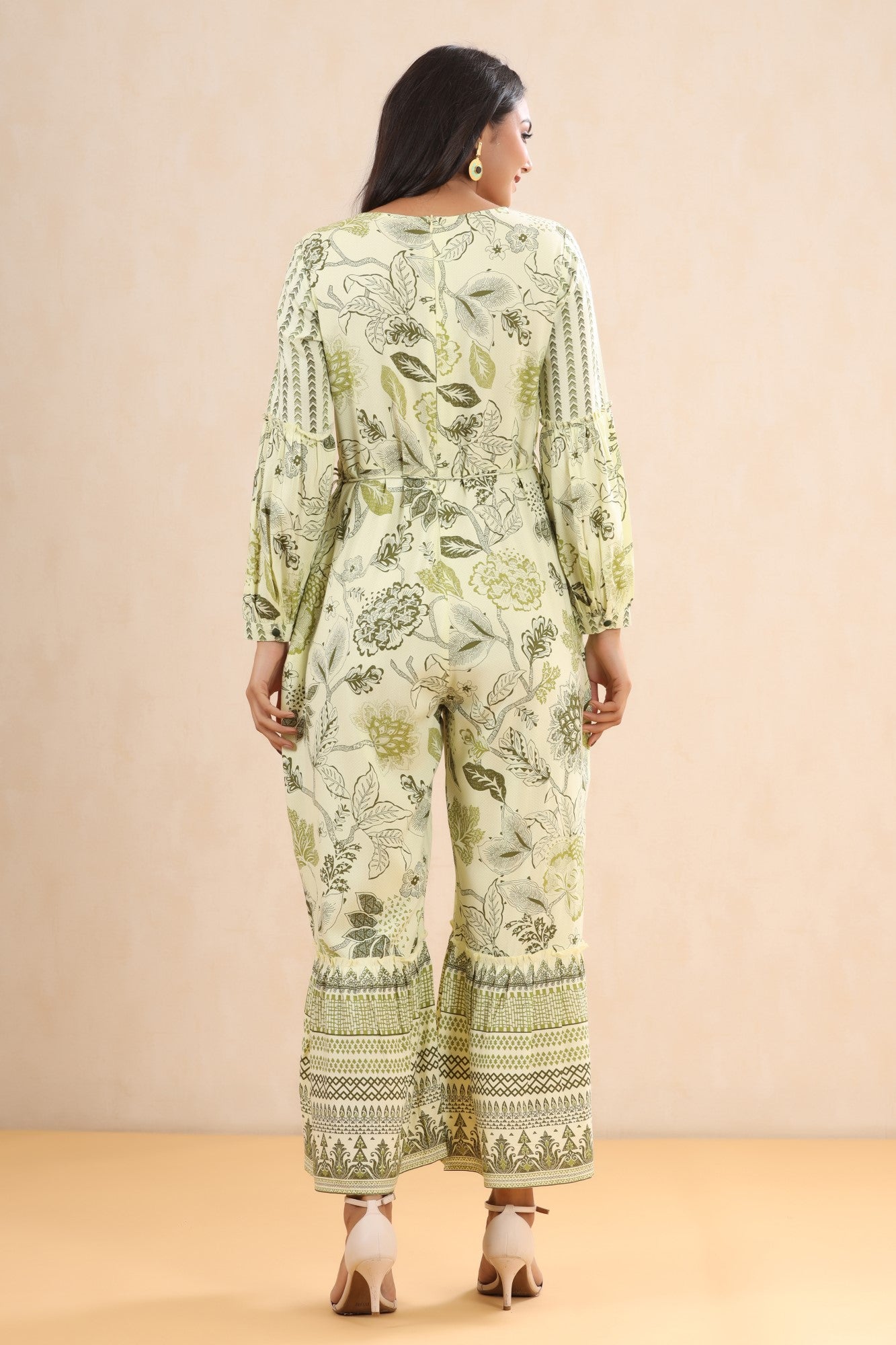 Juniper Women's Light Olive LIVA Floral Printed Tiered Jumpsuit