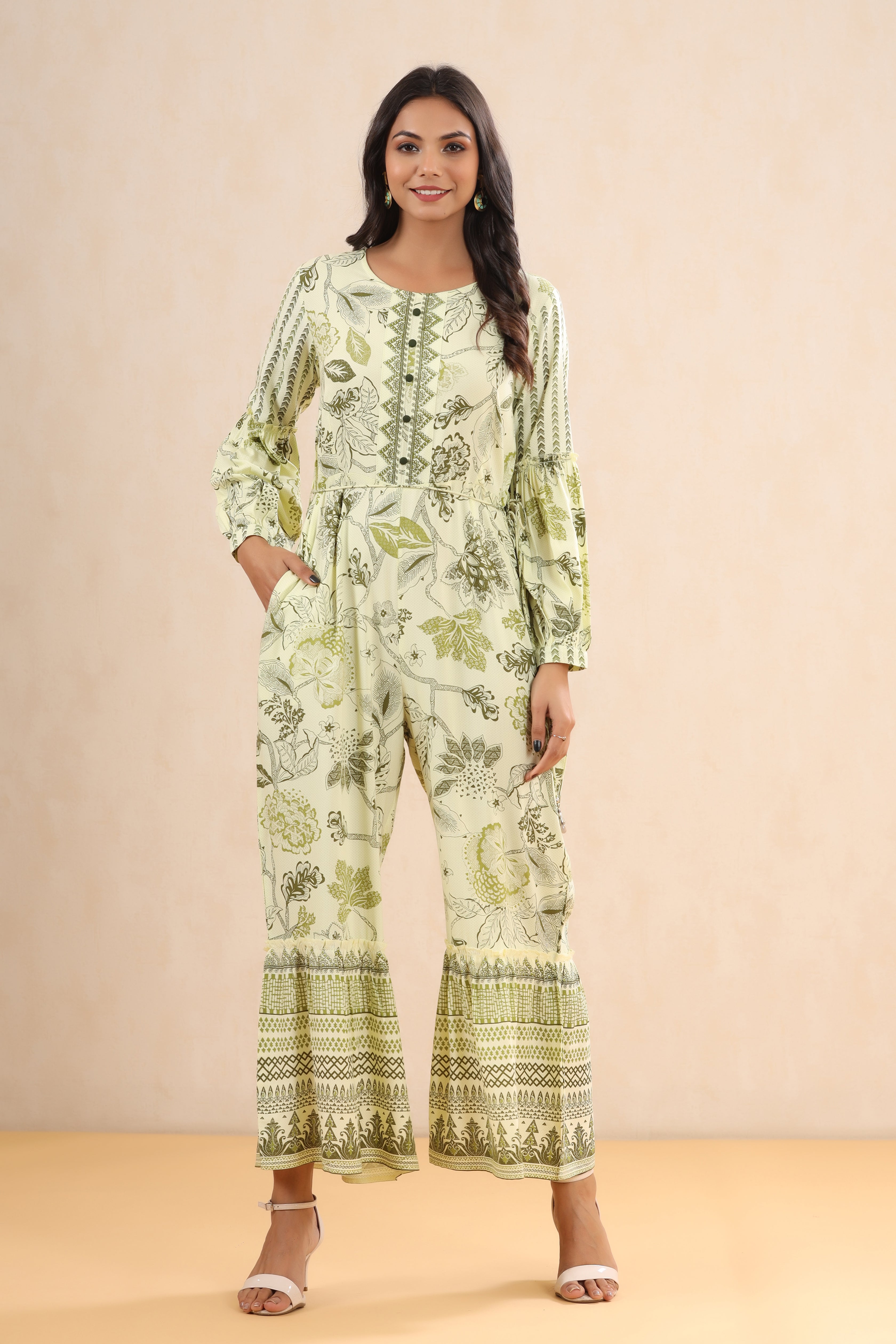 Juniper Light Olive Floral Printed Rayon Jumpsuit. - Juniper Fashion