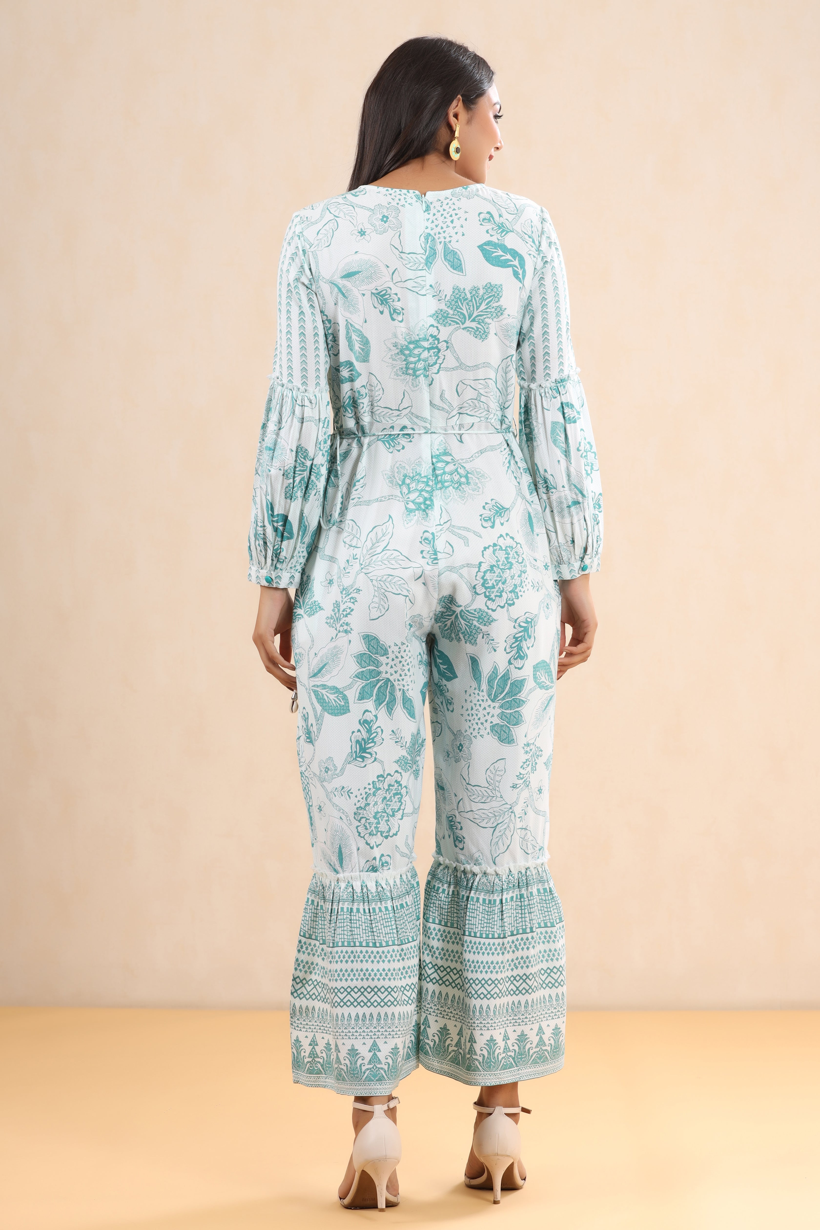 Juniper Teal Floral Printed Rayon Flared Jumpsuit. - Juniper Fashion