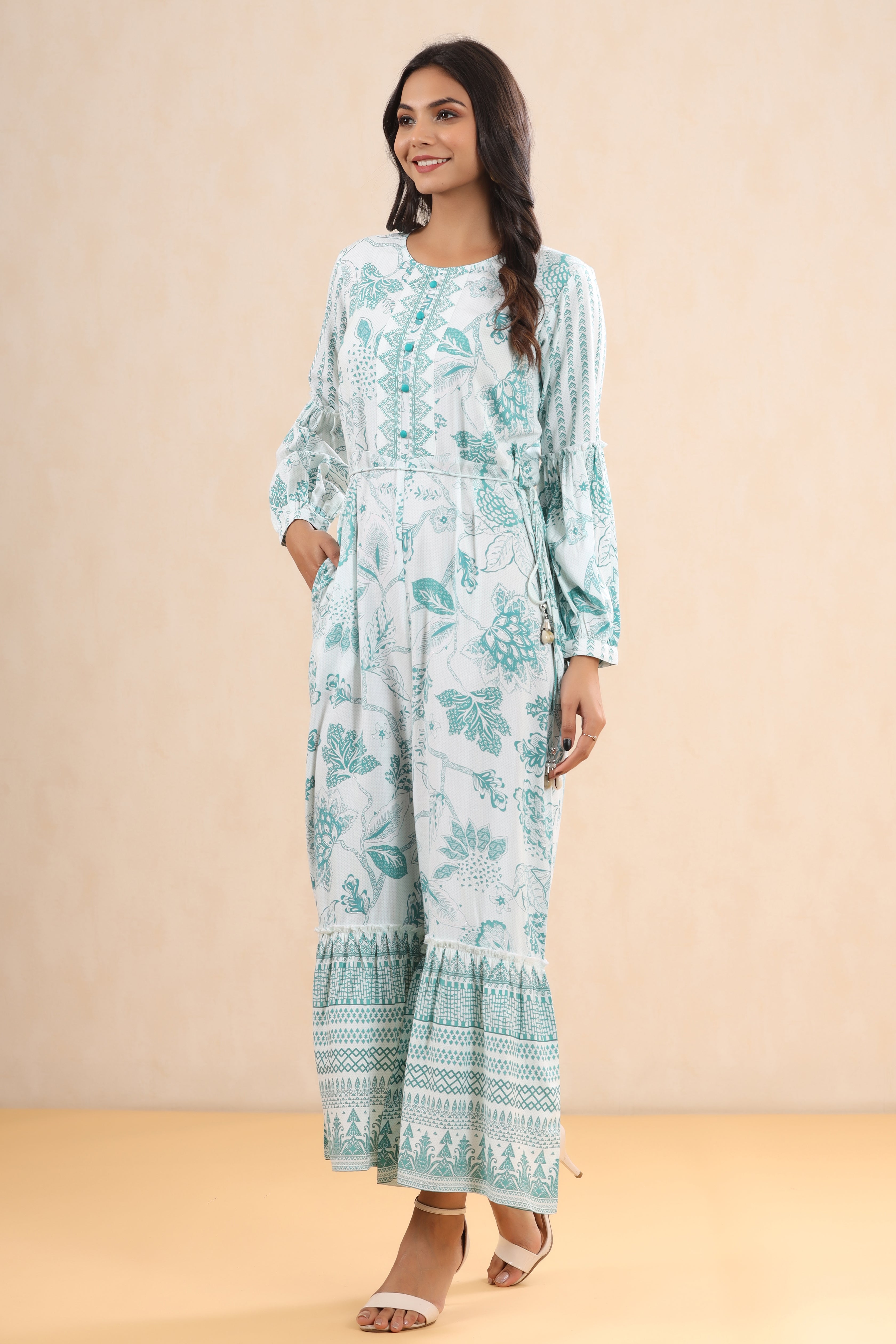 Juniper Teal Floral Printed Rayon Flared Jumpsuit. - Juniper Fashion
