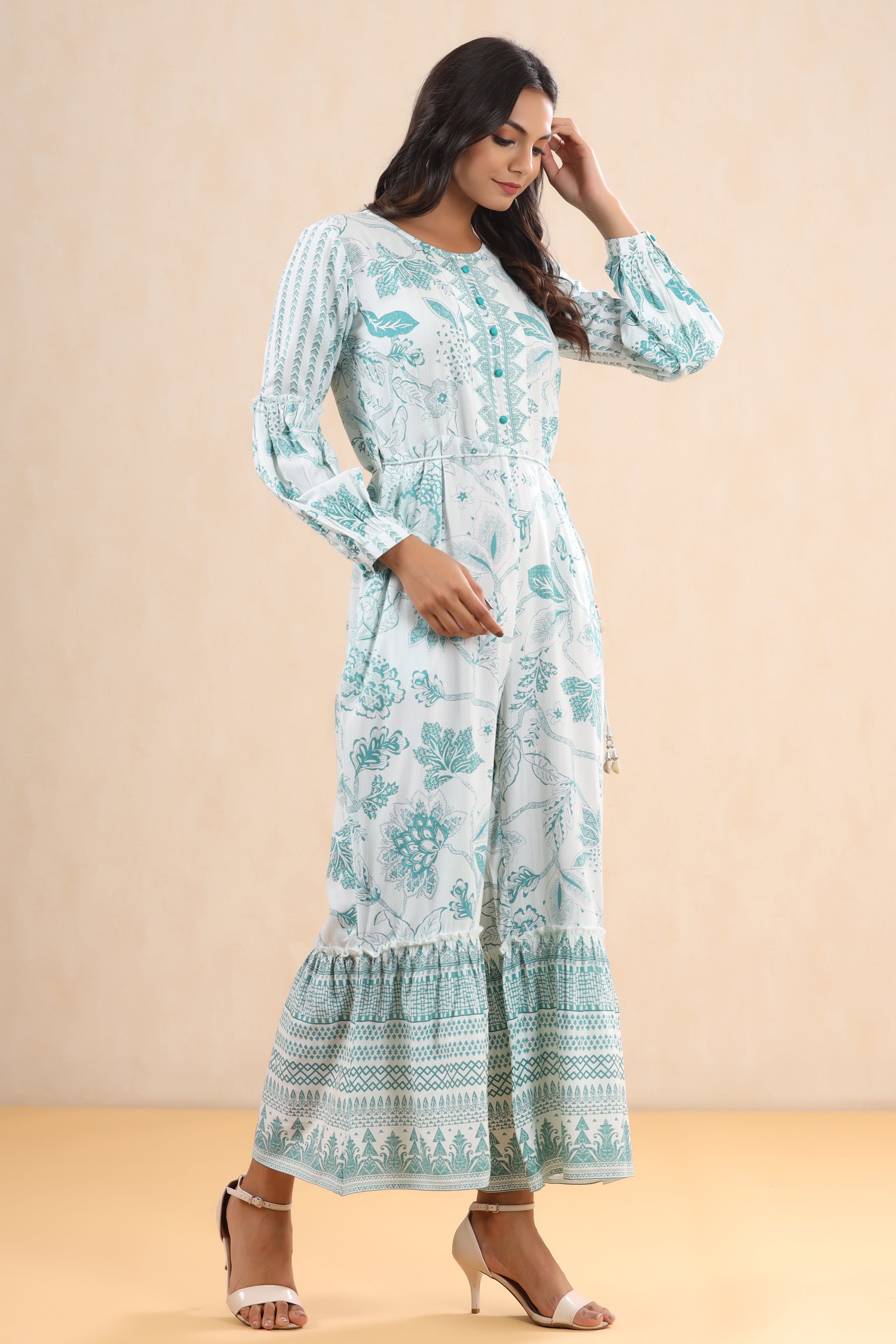 Juniper Teal Floral Printed Rayon Flared Jumpsuit. - Juniper Fashion