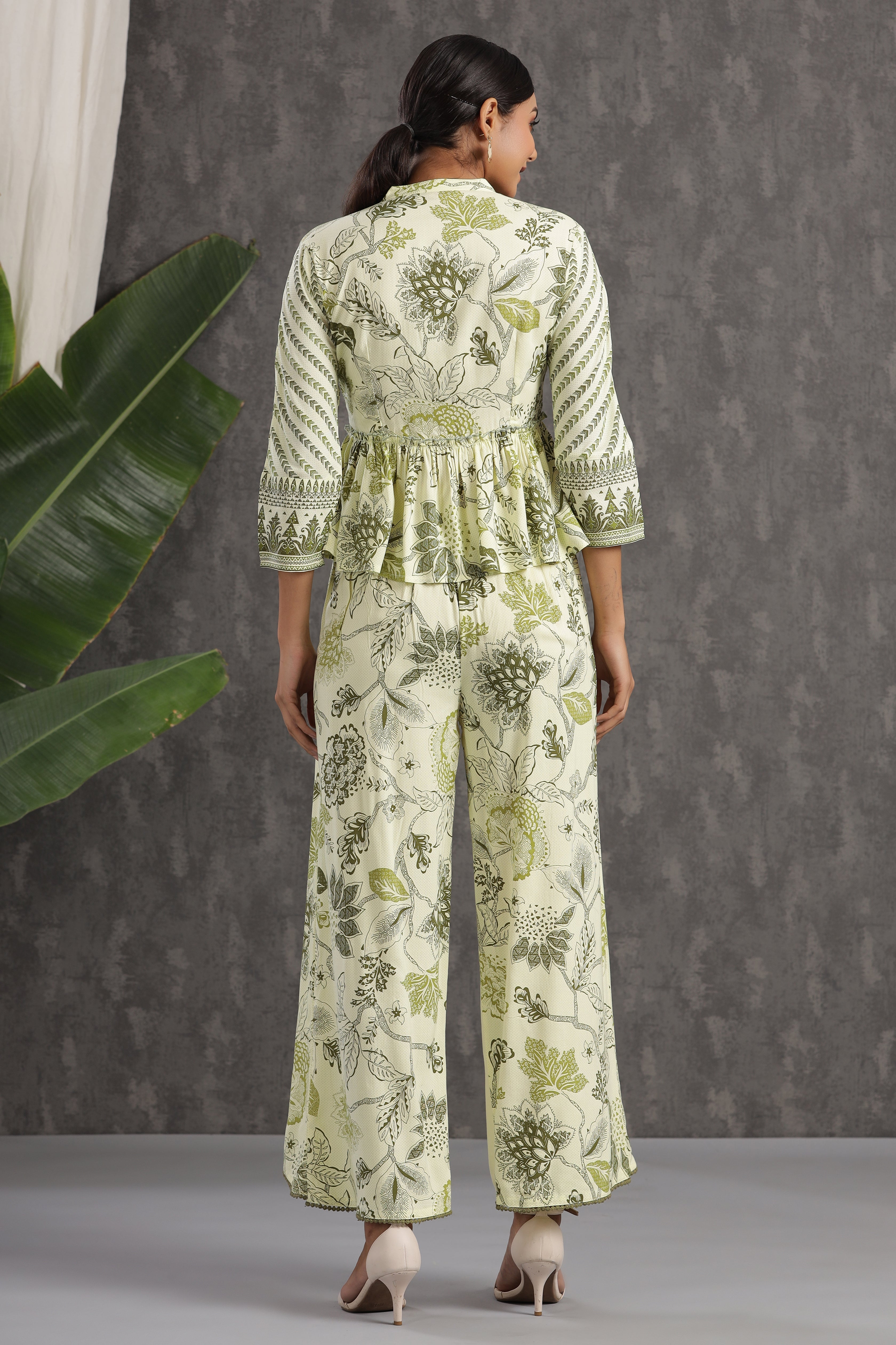 Juniper Light Olive LIVA Rayon Printed Peplum Top Palazzo Set - Juniper Fashion