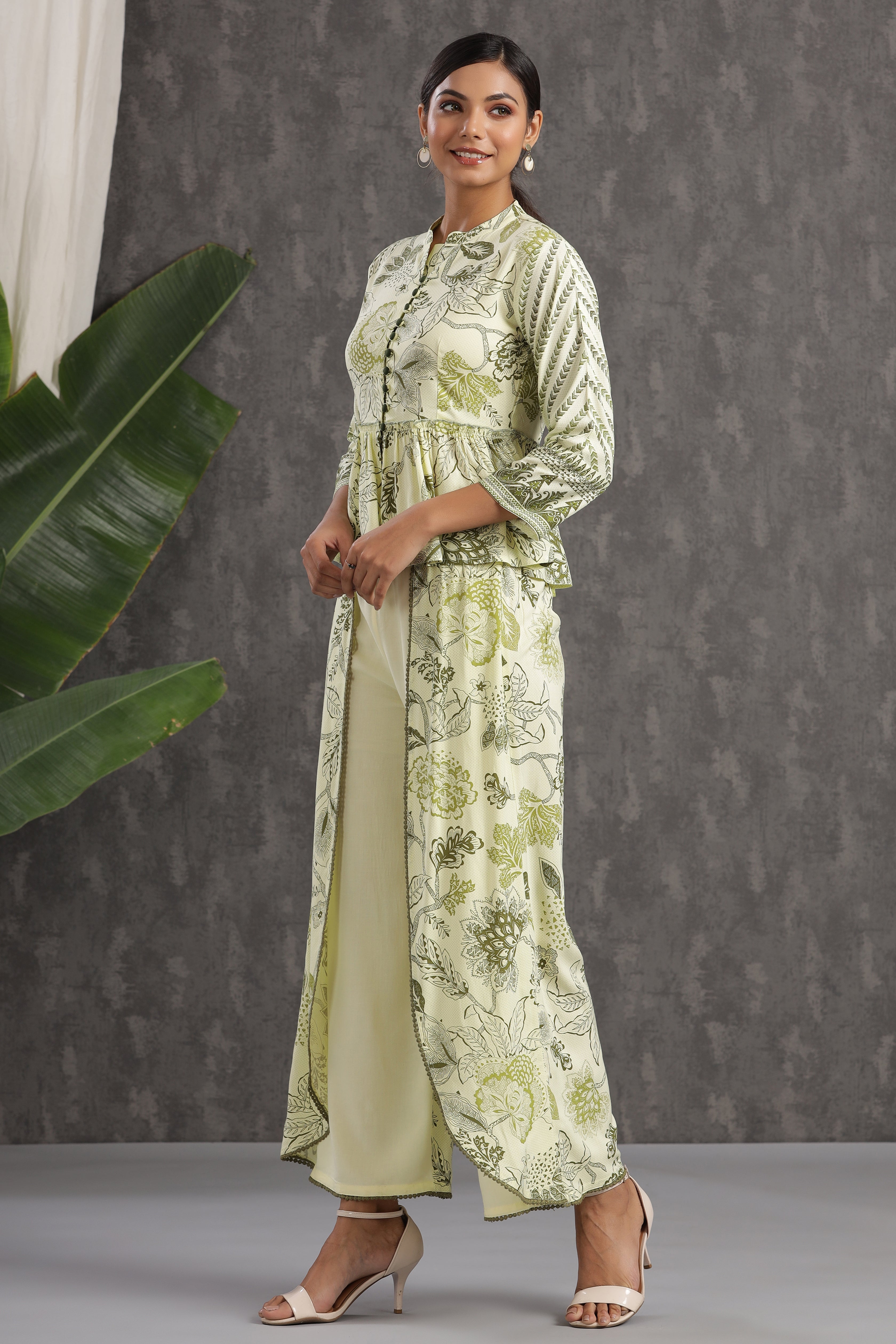 Juniper Light Olive LIVA Rayon Printed Peplum Top Palazzo Set - Juniper Fashion