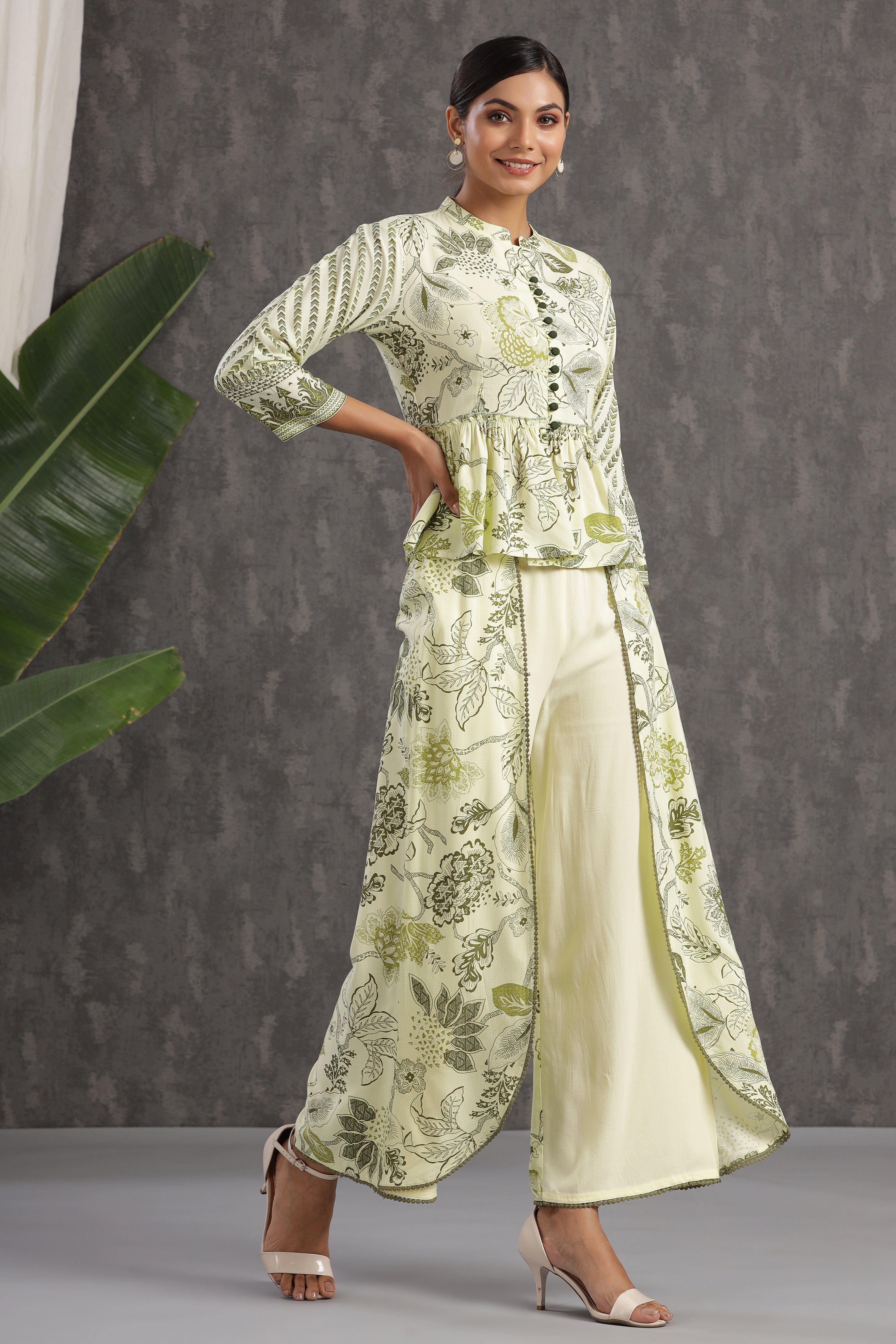 Juniper Light Olive LIVA Rayon Printed Peplum Top Palazzo Set - Juniper Fashion