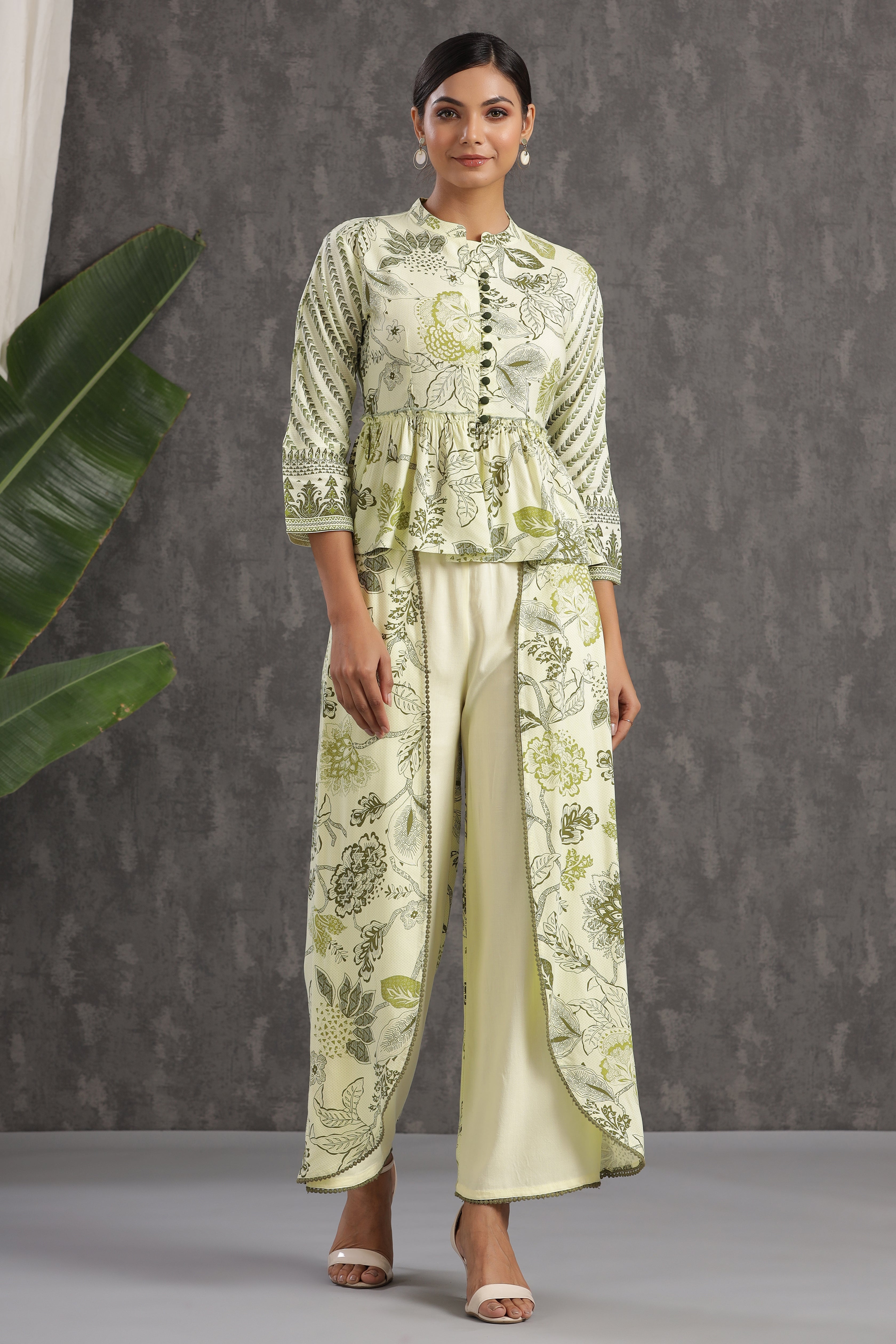 Juniper Light Olive LIVA Rayon Printed Peplum Top Palazzo Set - Juniper Fashion