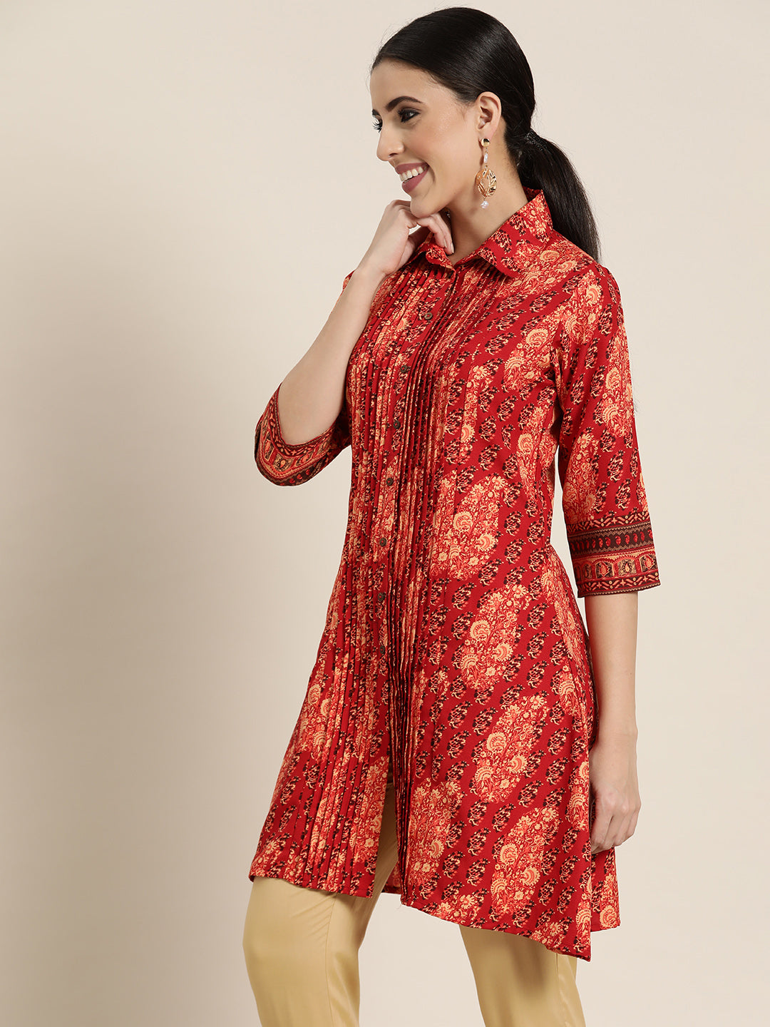 Juniper Red Ethnic Motif Printed Rayon A-Line Kurta with Buttons - Juniper Fashion