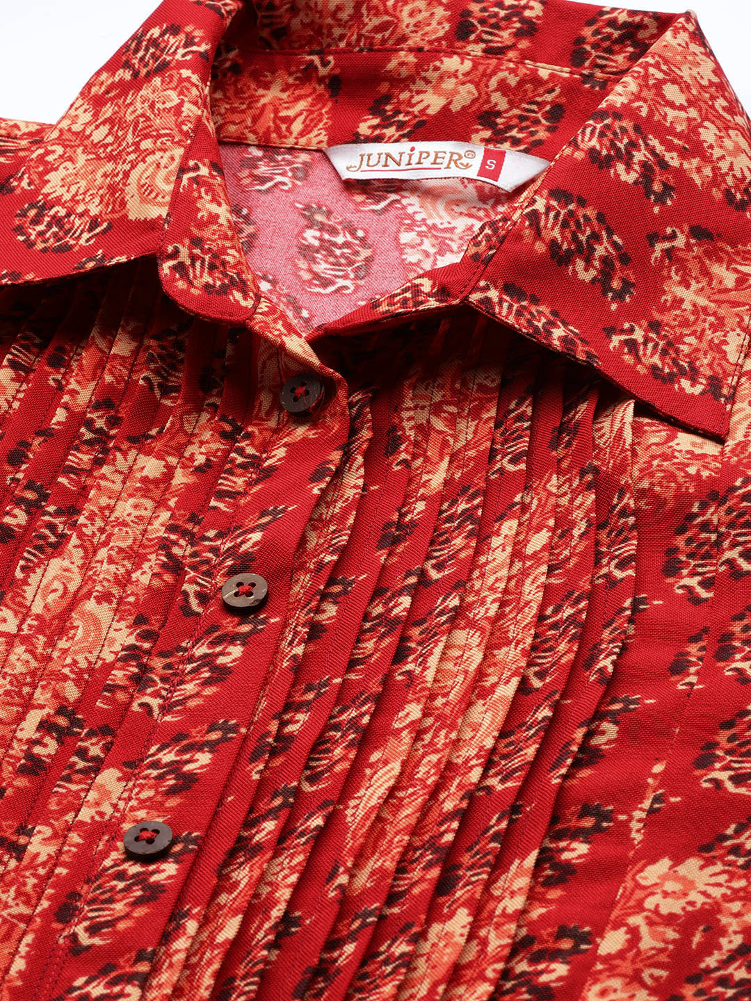 Juniper Red Ethnic Motif Printed Rayon A-Line Kurta with Buttons - Juniper Fashion