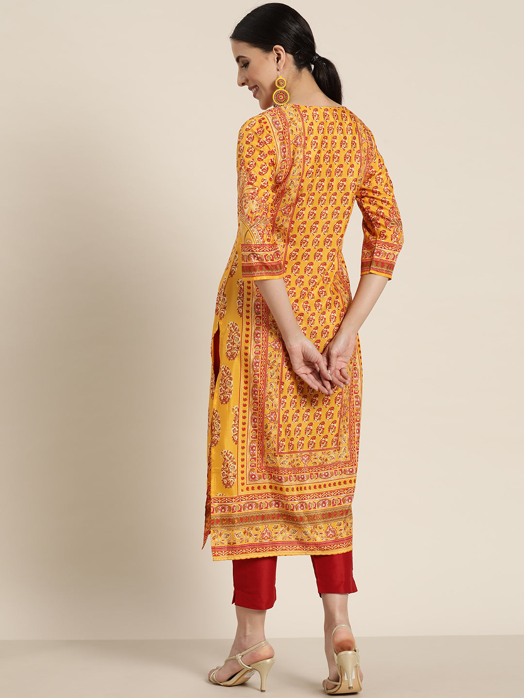 Juniper Mustard Ethnic Motif Printed Shantoon Kurta with Tassels Details - Juniper Fashion