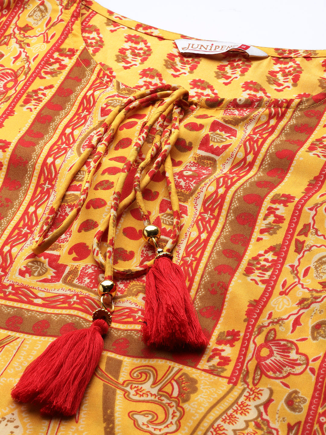 Juniper Mustard Ethnic Motif Printed Shantoon Kurta with Tassels Details - Juniper Fashion