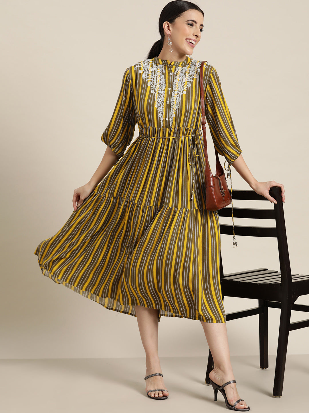 Juniper Olive Stripes Printed & Embroidered Rayon Crepe Maxi Dress