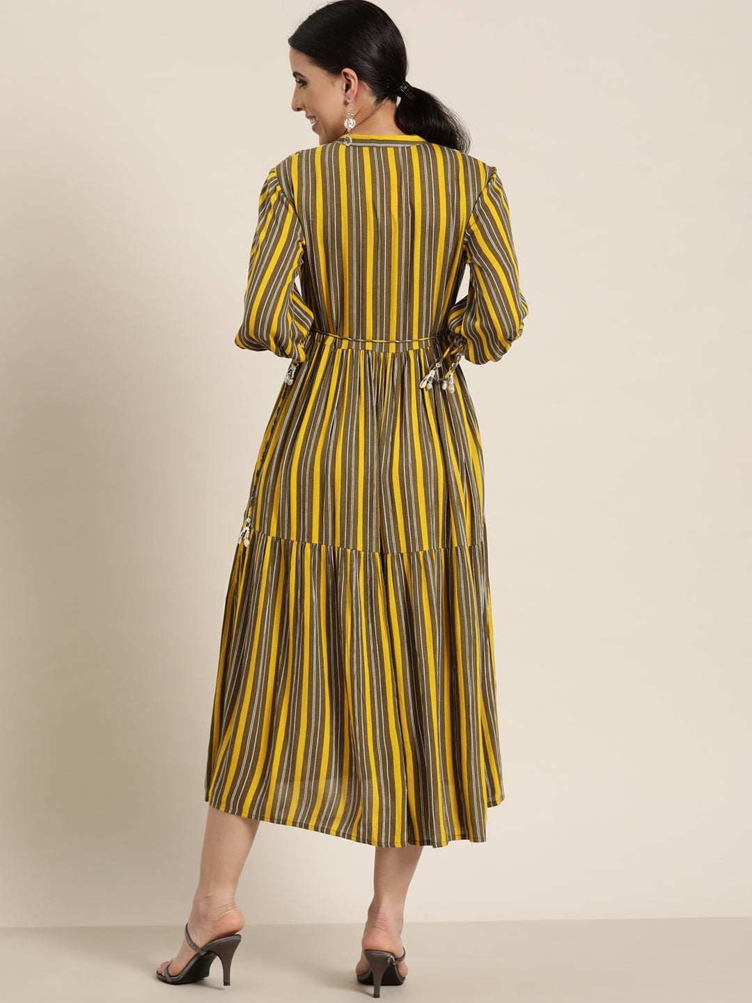 Juniper Olive Stripes Printed & Embroidered Rayon Crepe Maxi Dress