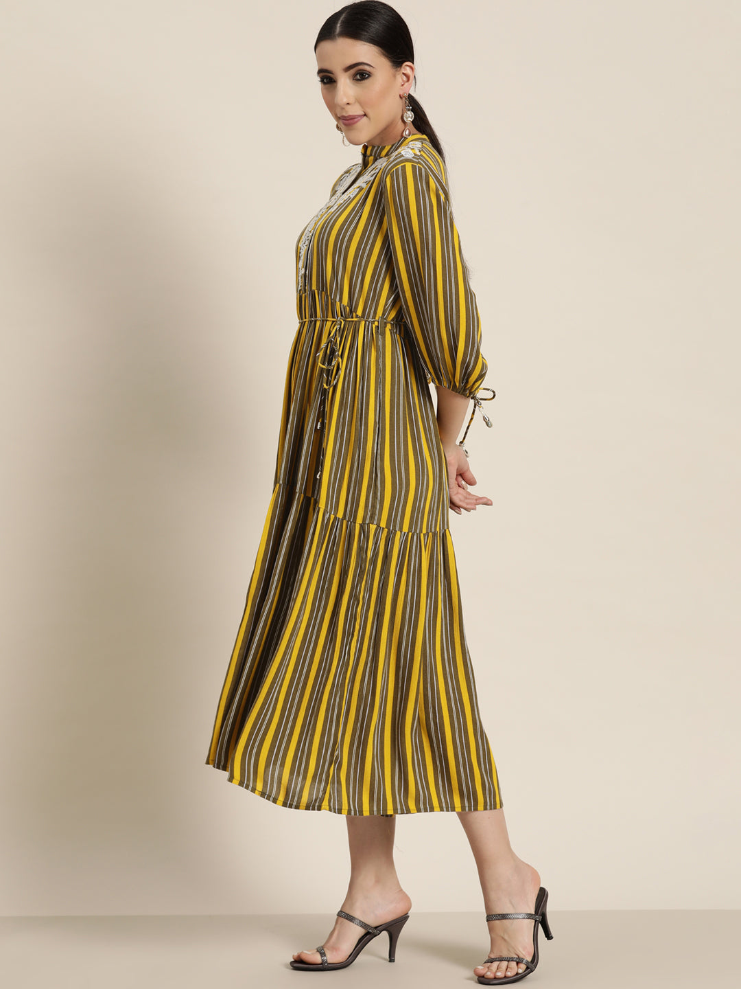 Juniper Olive Stripes Printed & Embroidered Rayon Crepe Maxi Dress