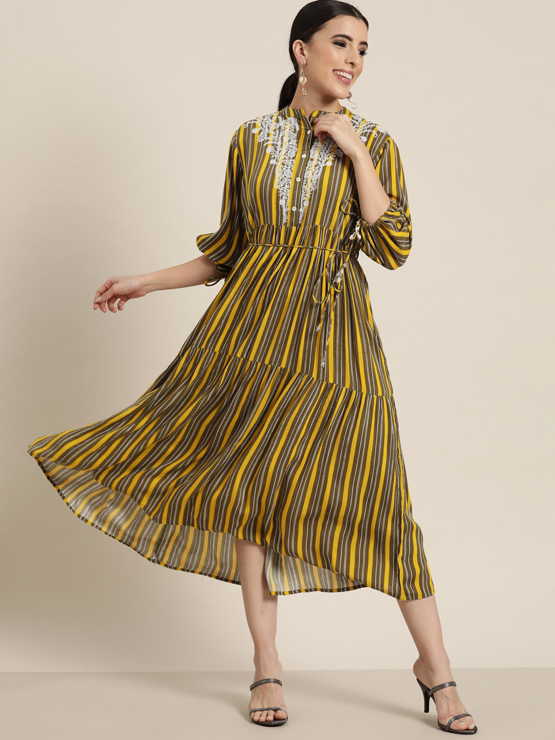 Juniper Olive Stripes Printed & Embroidered Rayon Crepe Maxi Dress