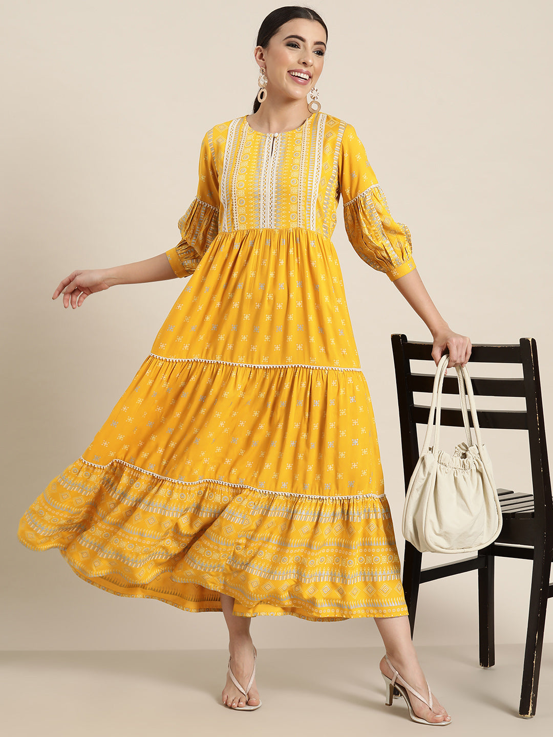 Juniper Mustard Geometric Printed Rayon Tiered Maxi Dress With Buttons & Lace