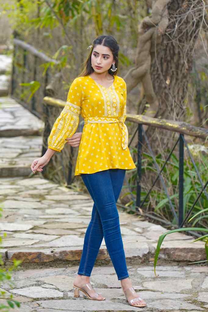 Juniper Mustard Geometric Printed Rayon Flex Peplum Tunic - Juniper Fashion