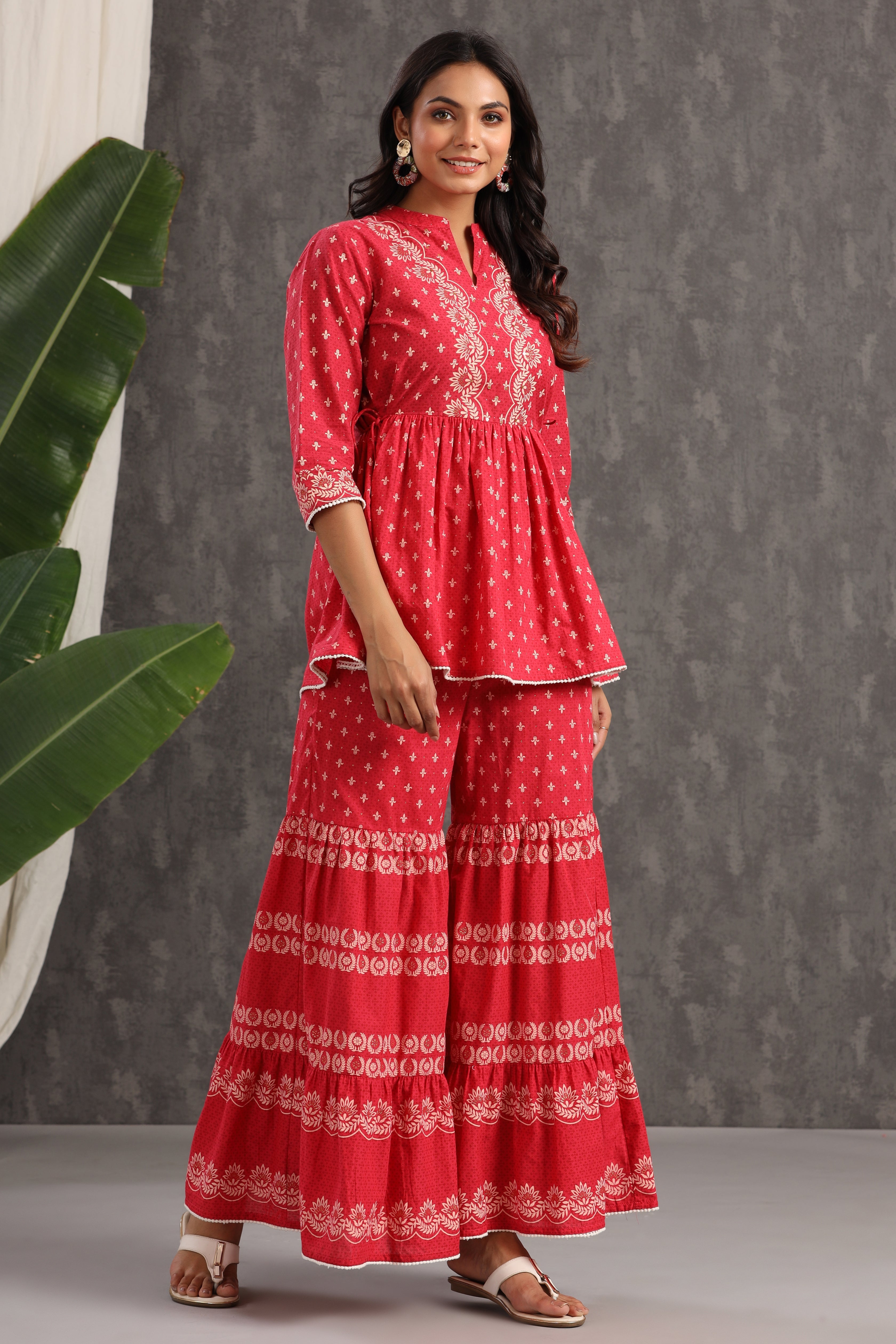 Juniper Red Ethnic Motif Printed Pure Cotton Tunic & Sharara With Sequins & Lace Detail