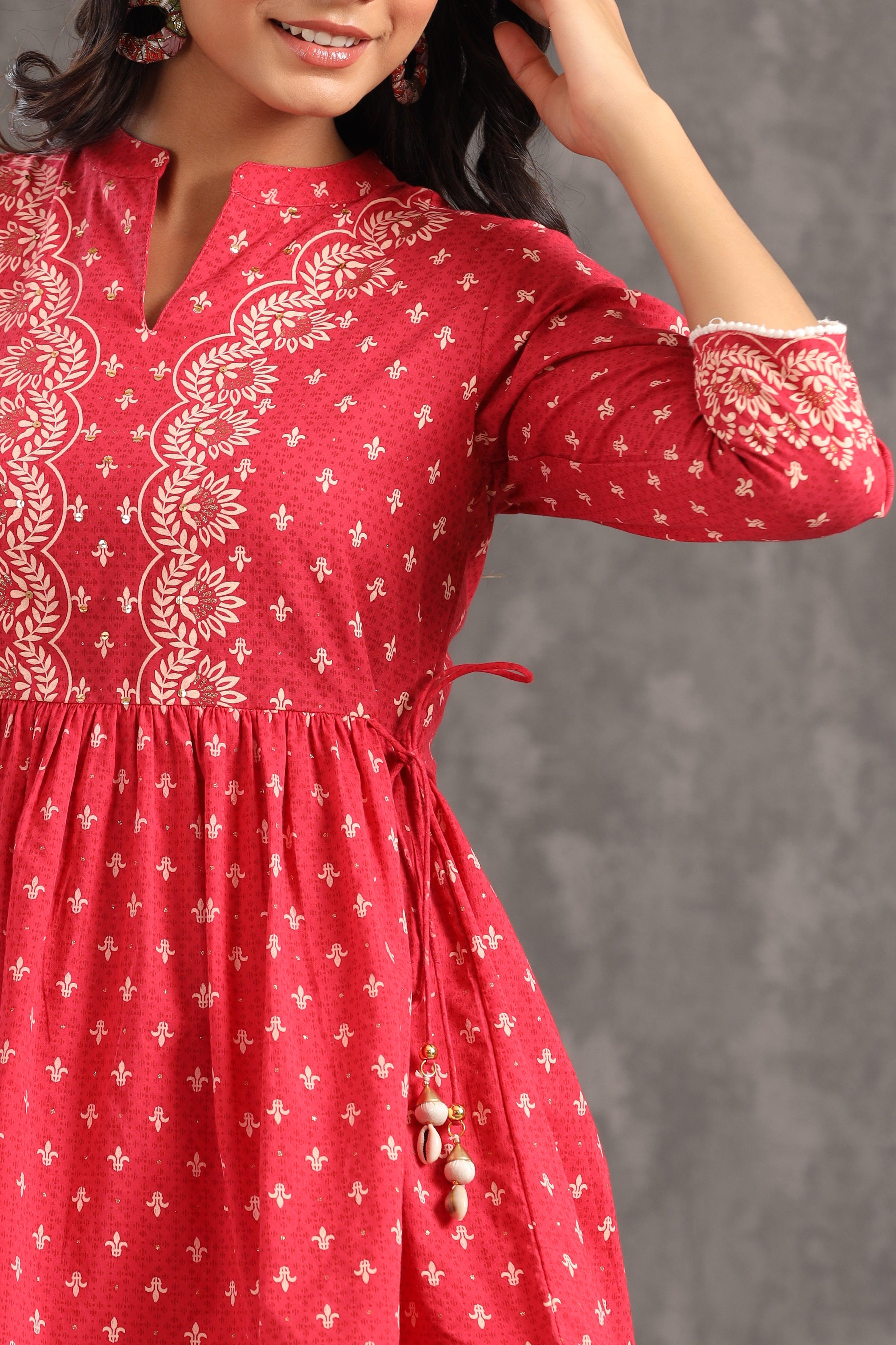 Juniper Red Ethnic Motif Printed Pure Cotton Tunic & Sharara With Sequins & Lace Detail