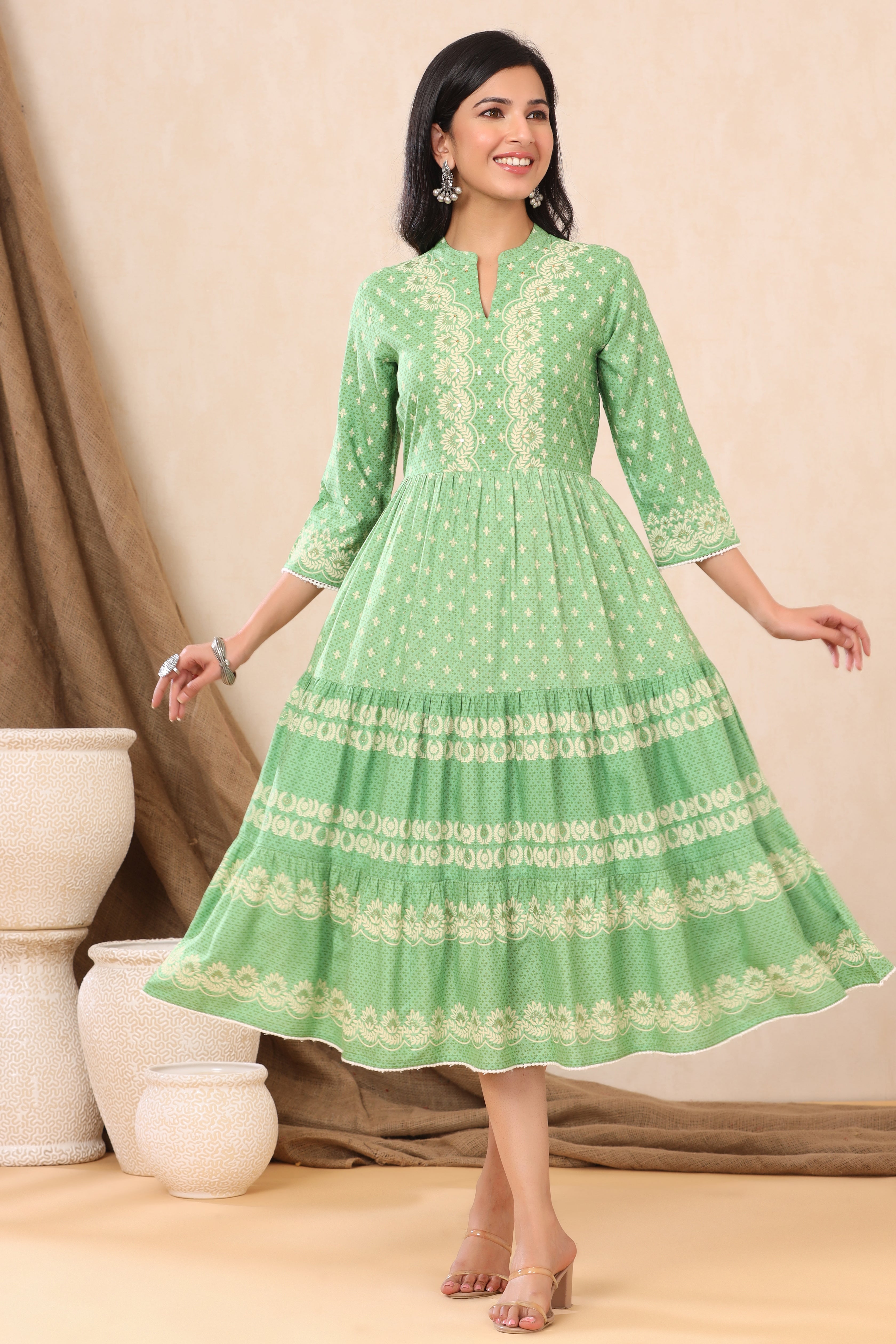 Juniper Green Ethnic Motif Printed Rayon Tiered Maxi Dress