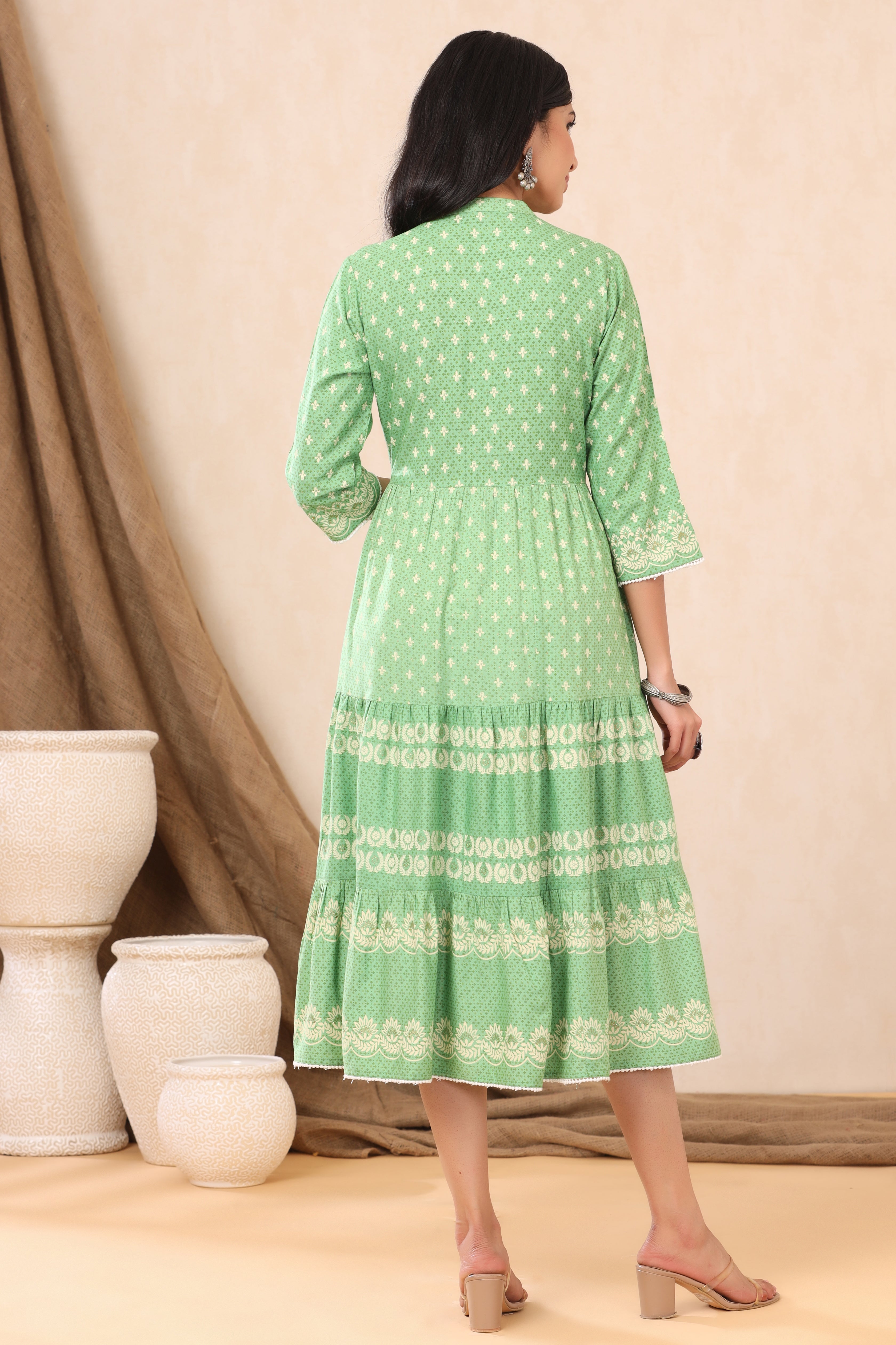 Juniper Green Ethnic Motif Printed Rayon Tiered Maxi Dress
