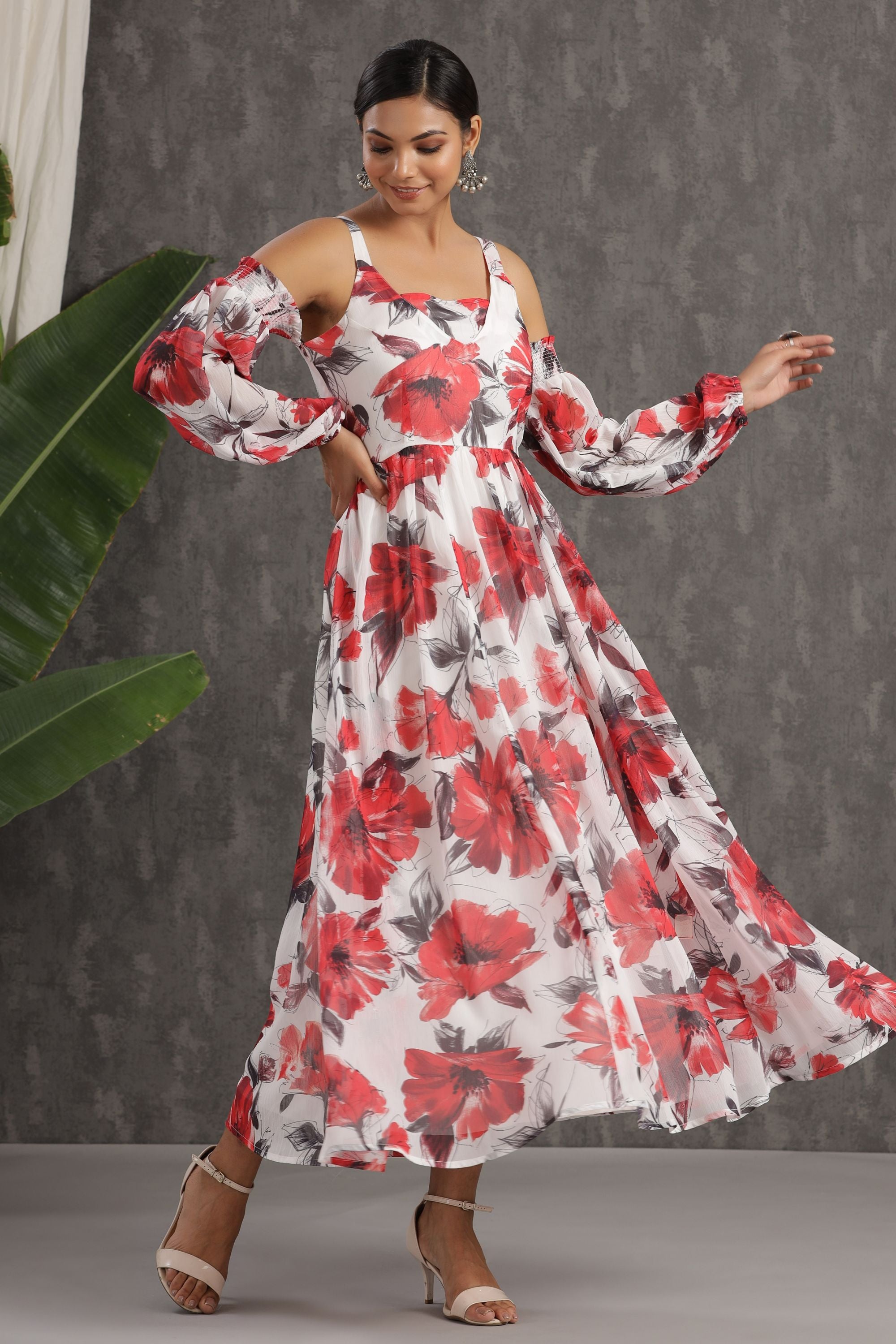 White Floral Printed Chiffon Maxi Dress With Adjustable Straps & Cold Shoulder