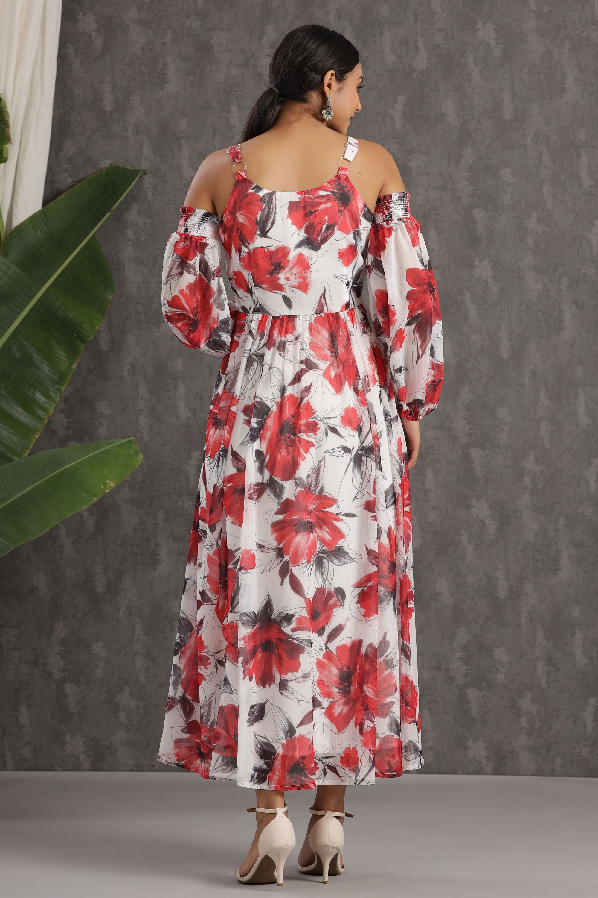 White Floral Printed Chiffon Maxi Dress With Adjustable Straps & Cold Shoulder