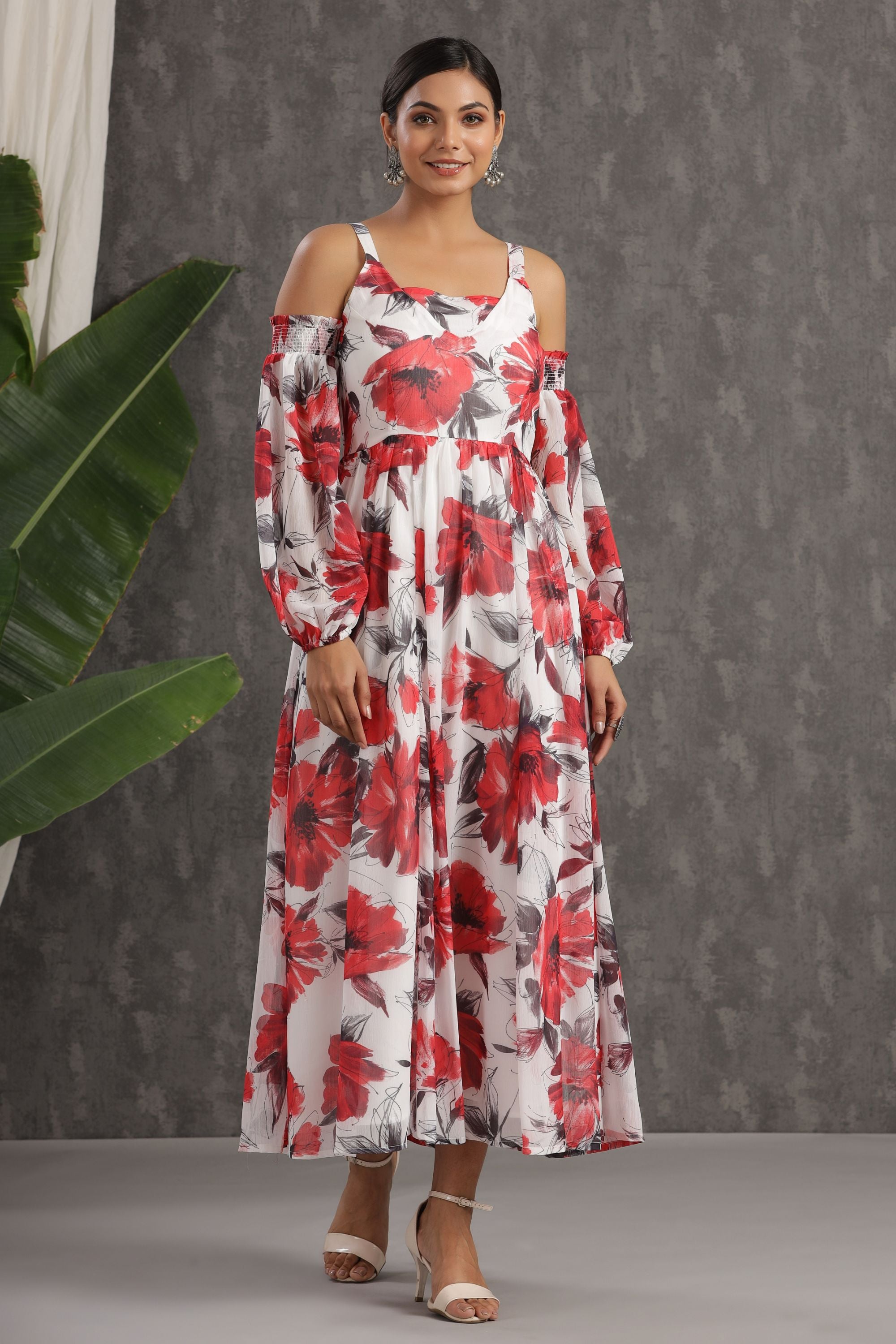 White Floral Printed Chiffon Maxi Dress With Adjustable Straps & Cold Shoulder