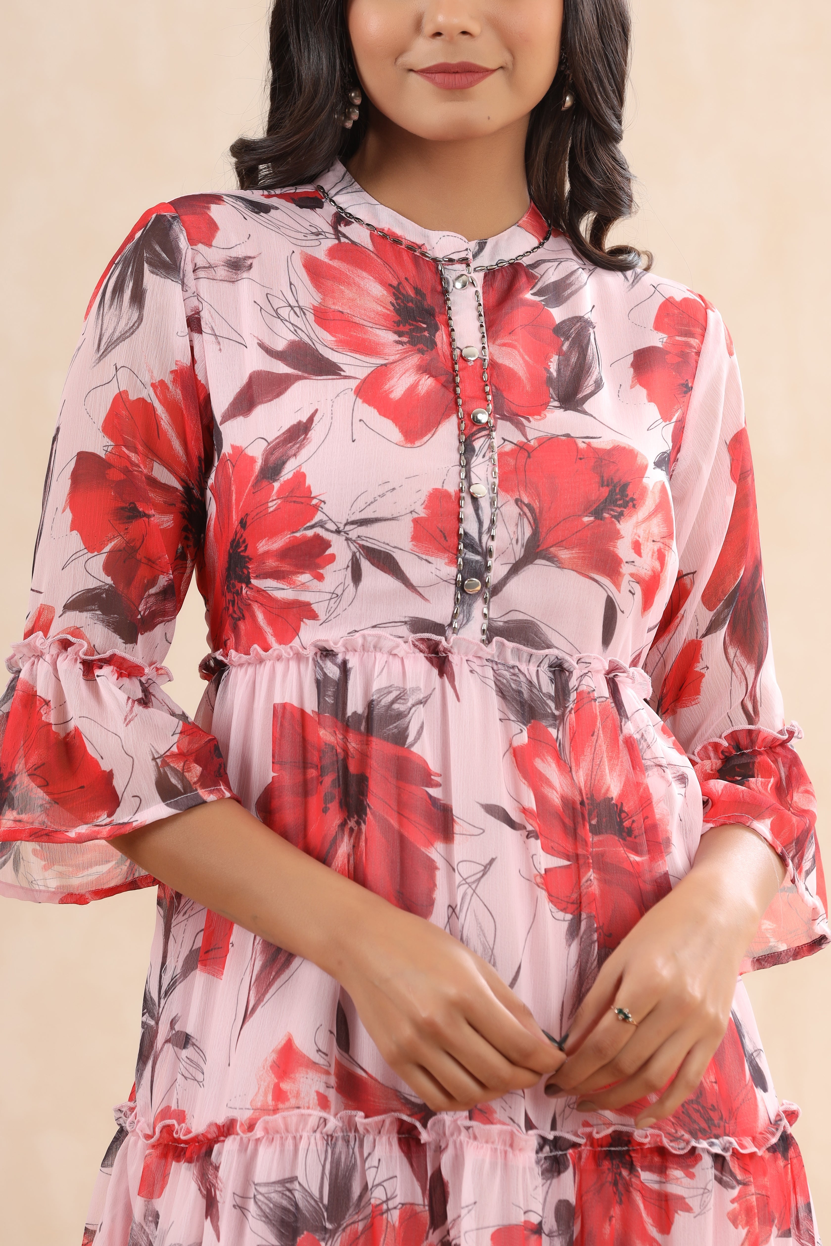 Juniper Pink Floral Printed Chiffon Maxi Dress With Buttons & Beads