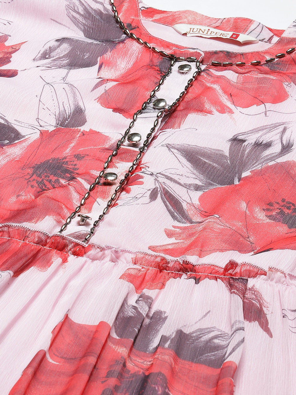 Juniper Women's Pink Chiffon Floral Printed Tiered Maxi Dress