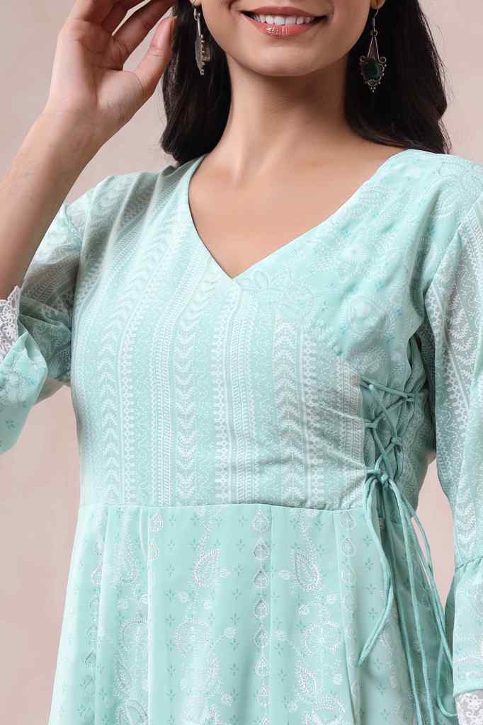 Juniper Mint Georgette Printed Angrakha Dress