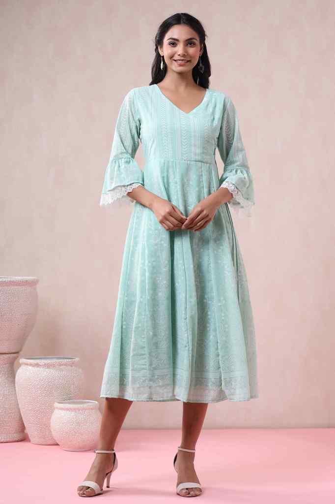 Juniper Mint Georgette Printed Angrakha Dress