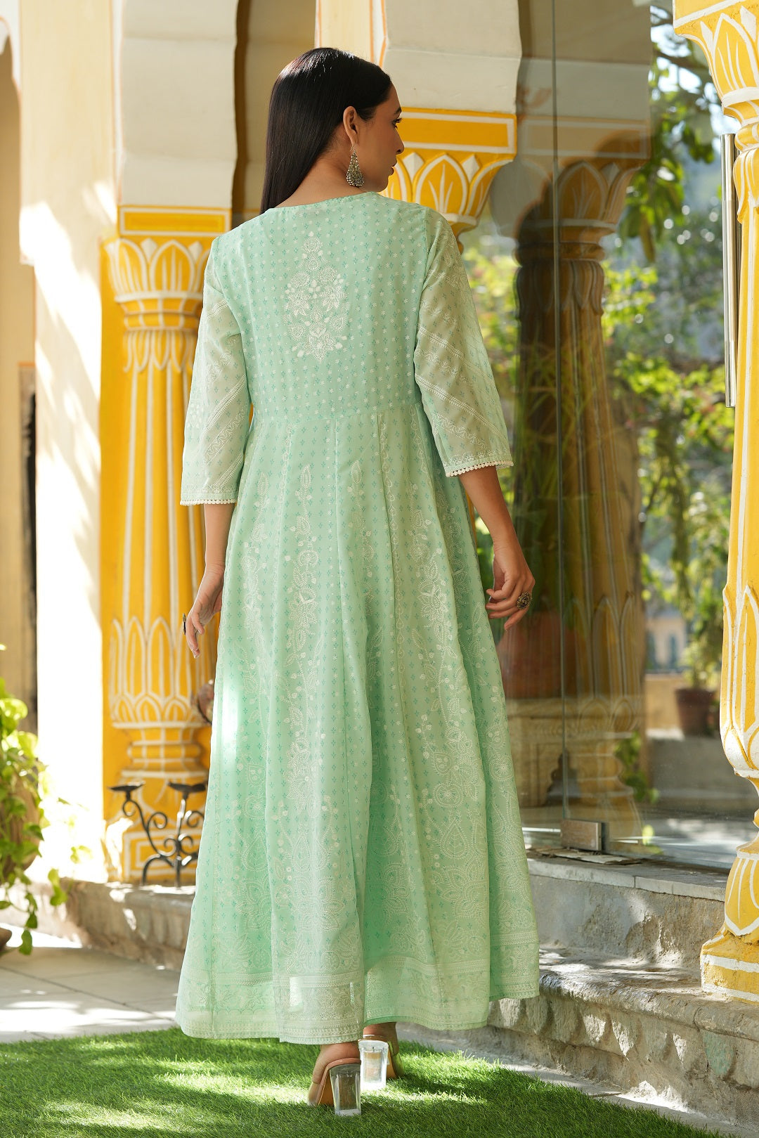 Juniper Mint Floral Printed Georgette Layered Maxi Dress With Mirror Work