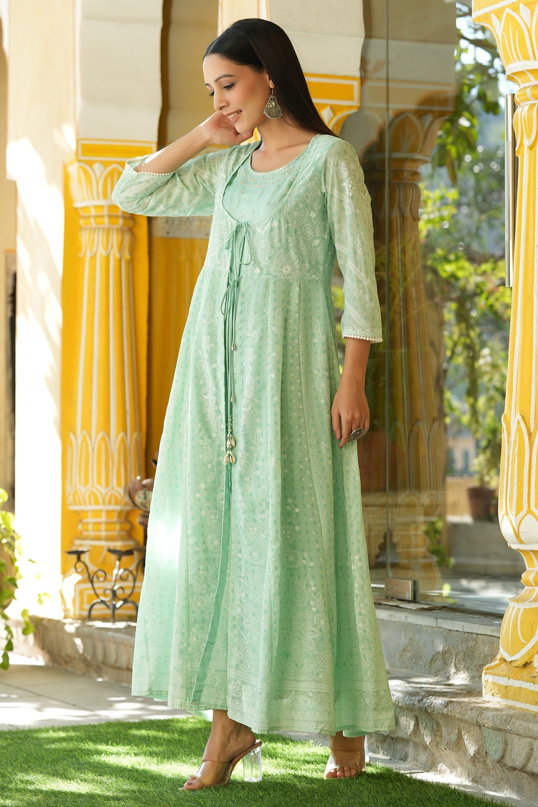 Juniper Mint Floral Printed Georgette Layered Maxi Dress With Mirror Work