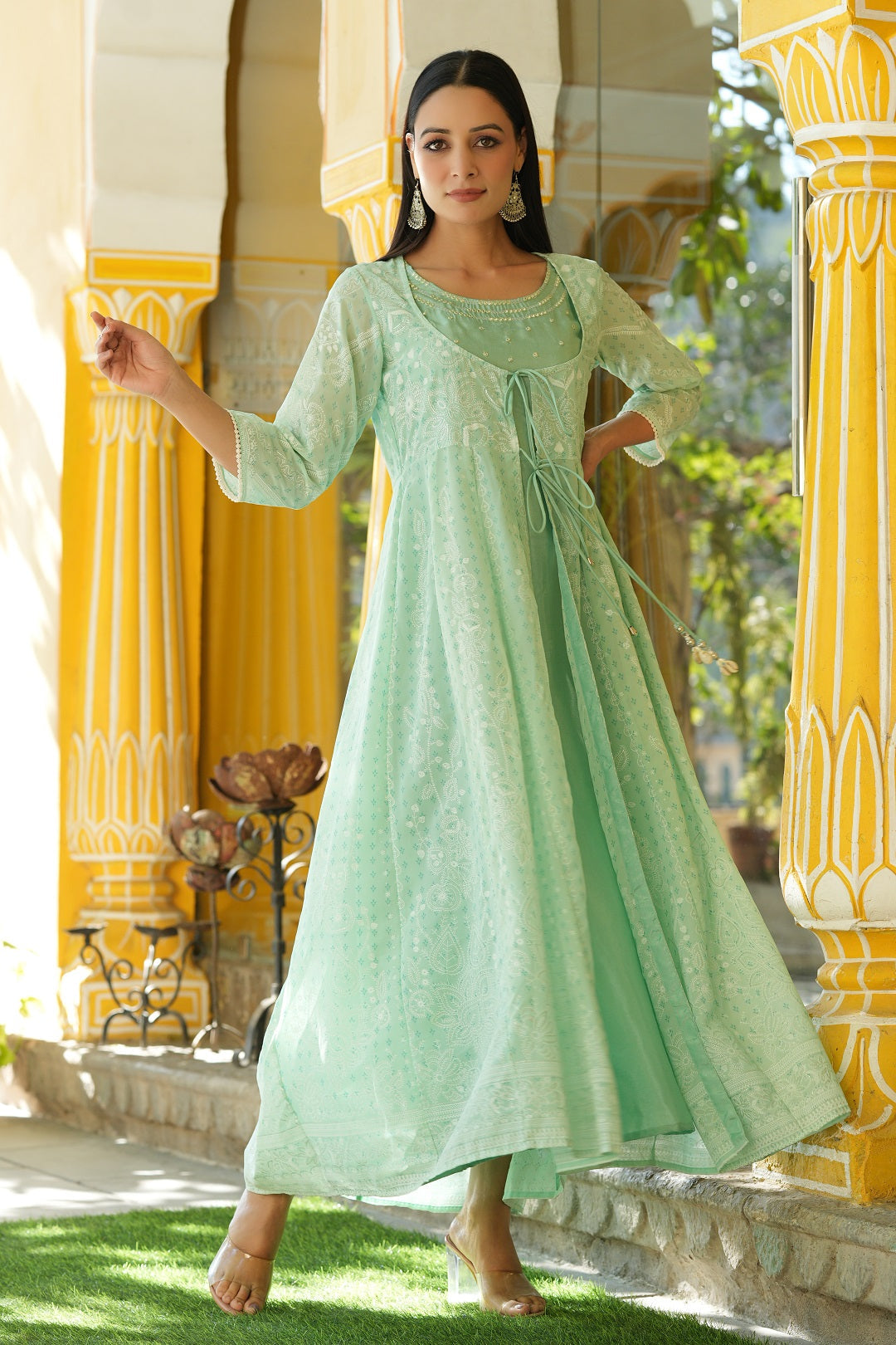 Juniper Mint Floral Printed Georgette Layered Maxi Dress With Mirror Work