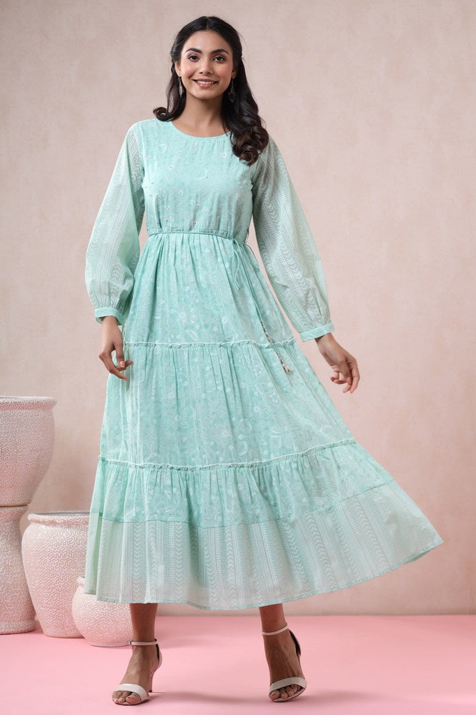 Juniper Mint Georgette Printed Tiered Dress with Tie-up Dori
