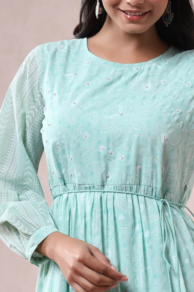 Juniper Mint Georgette Printed Tiered Dress with Tie-up Dori