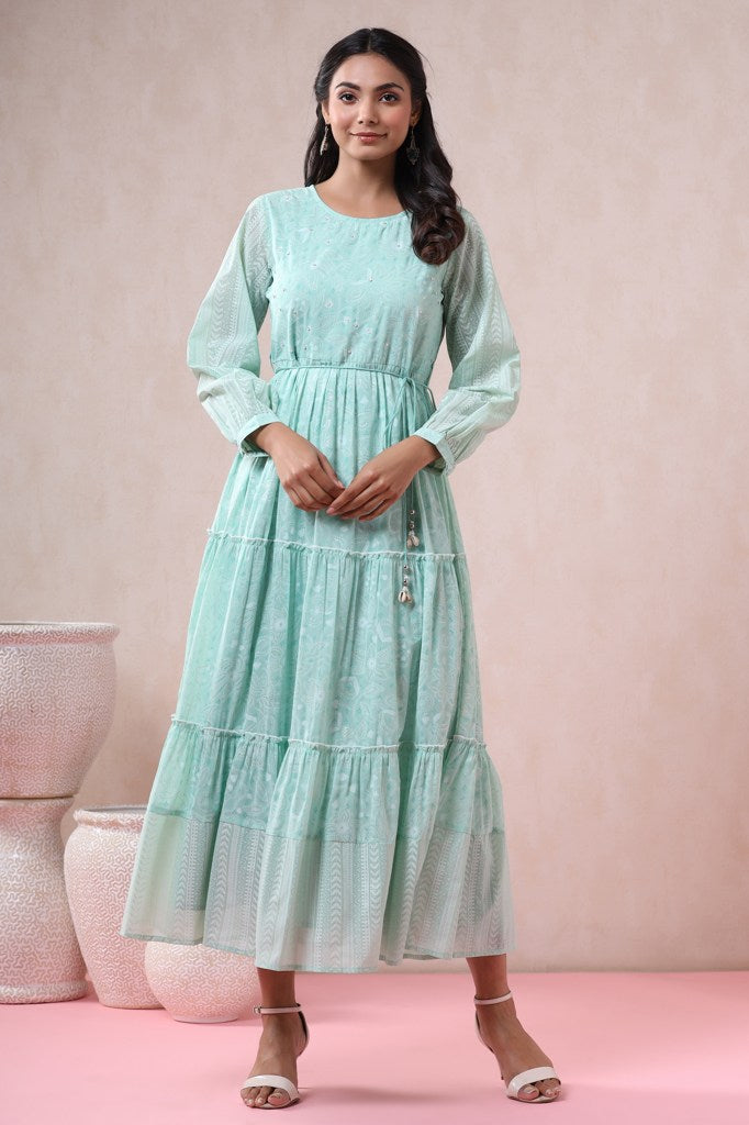 Juniper Mint Georgette Printed Tiered Dress with Tie-up Dori