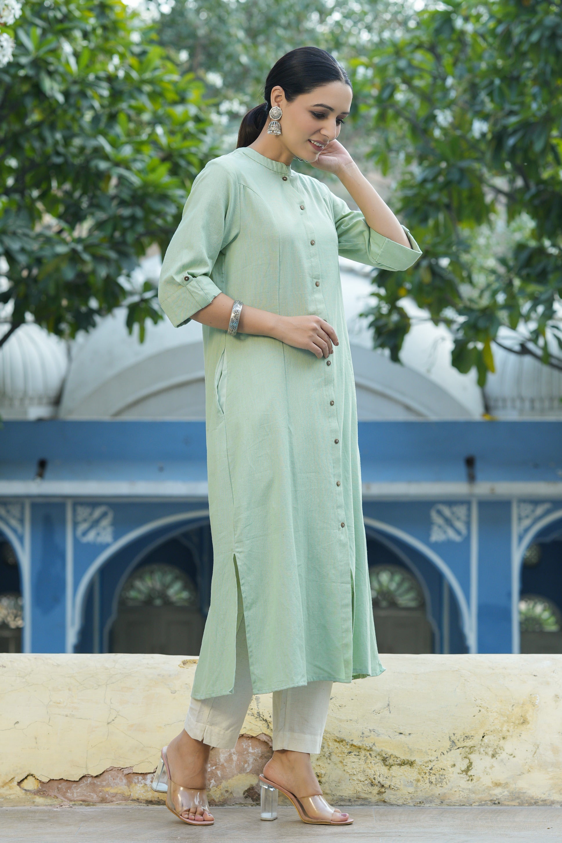 Juniper Mint Cotton Flex Solid A-Line Kurta