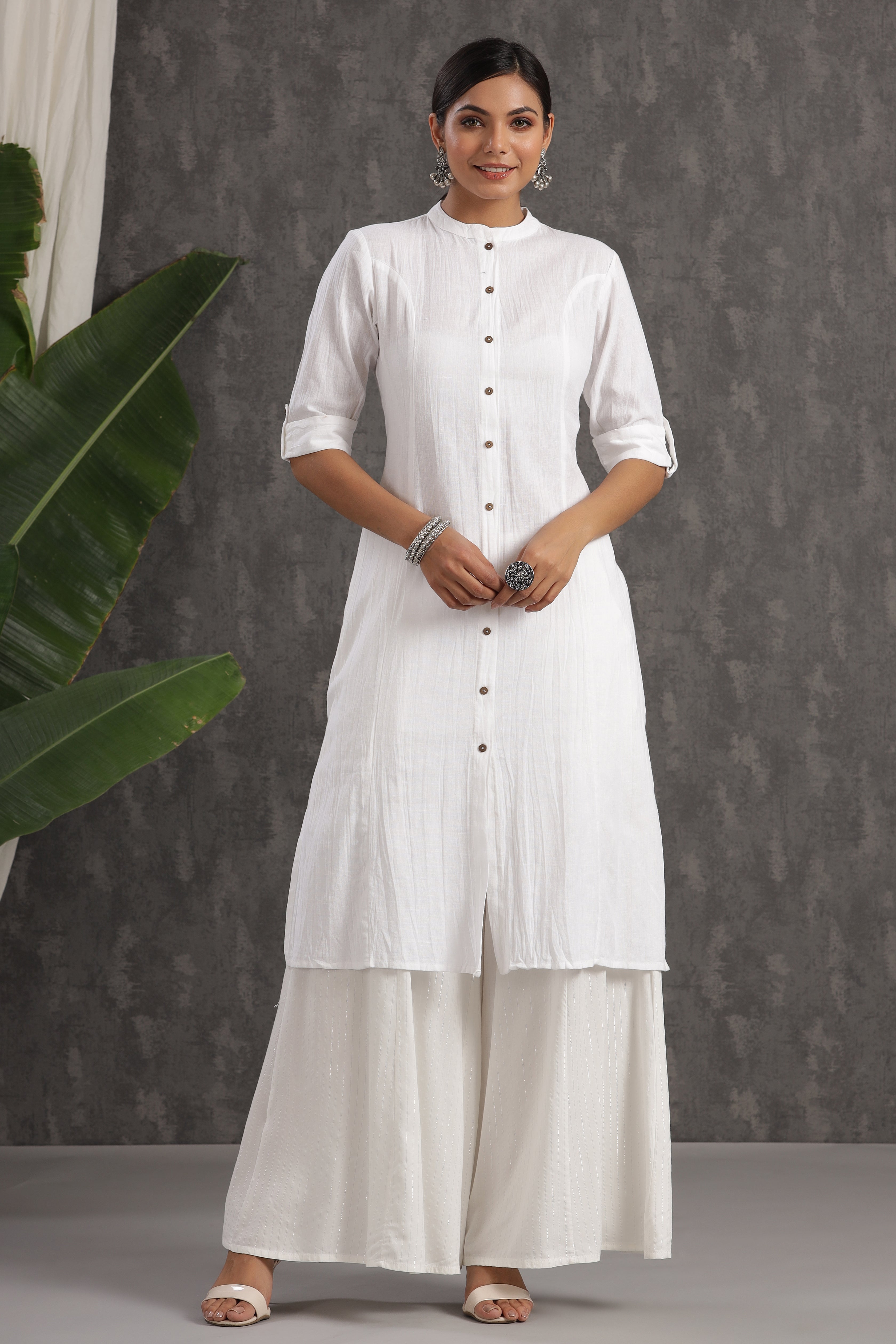 Juniper White Solid Cotton A-line Kurta with Buttons